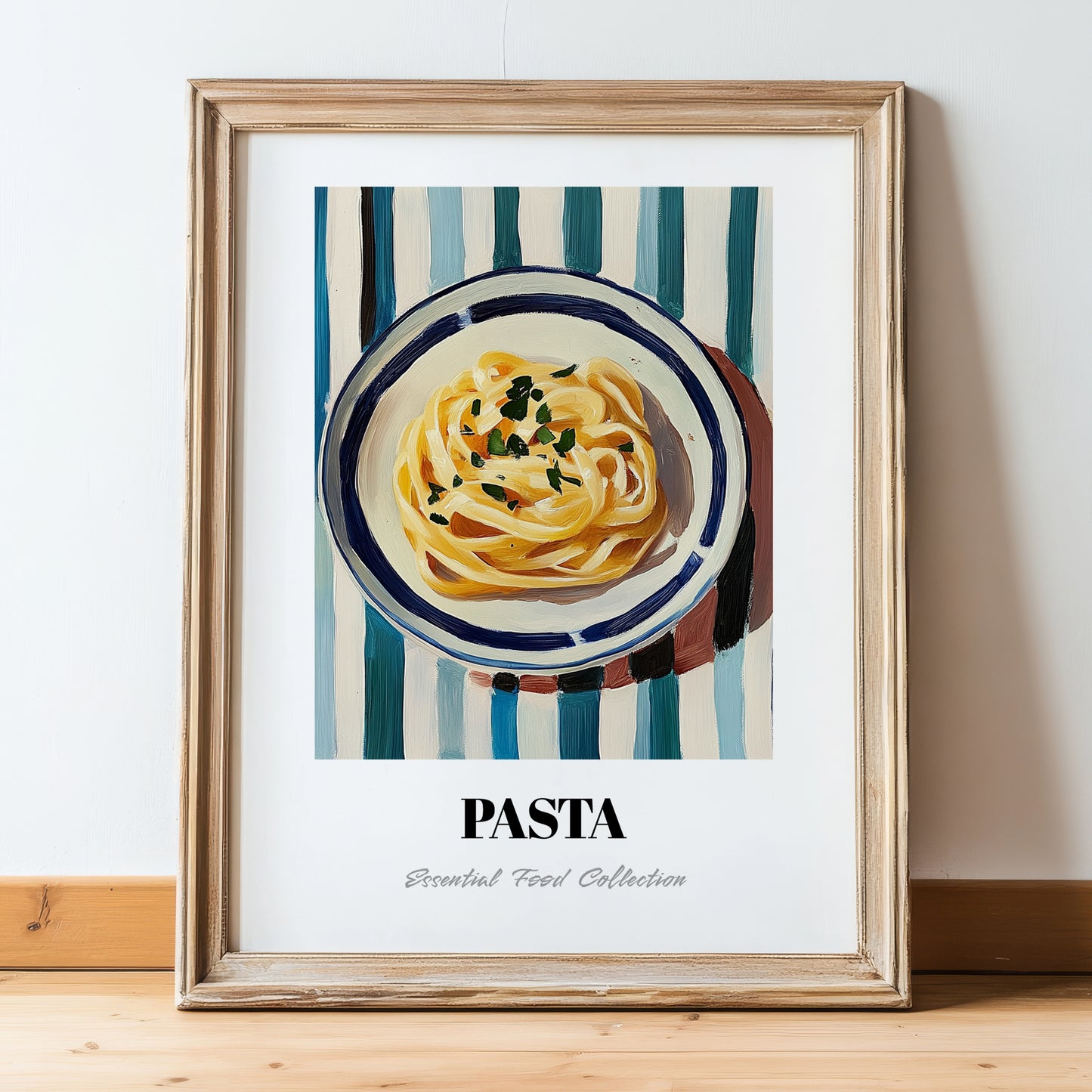 Pasta – on Striped Tablecloth, Italian Pasta Still Life, in wooden frame leaning on the floor