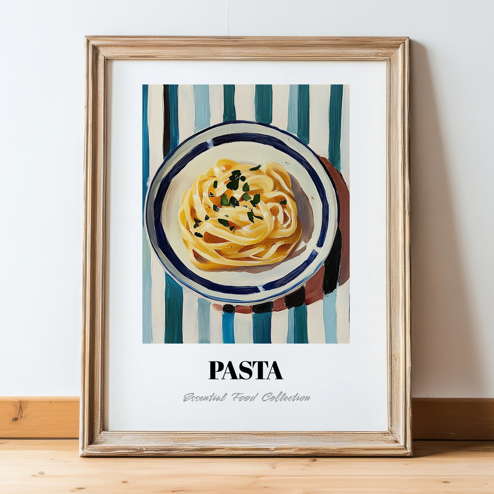 Pasta – on Striped Tablecloth, Italian Pasta Still Life, in wooden frame leaning on the floor