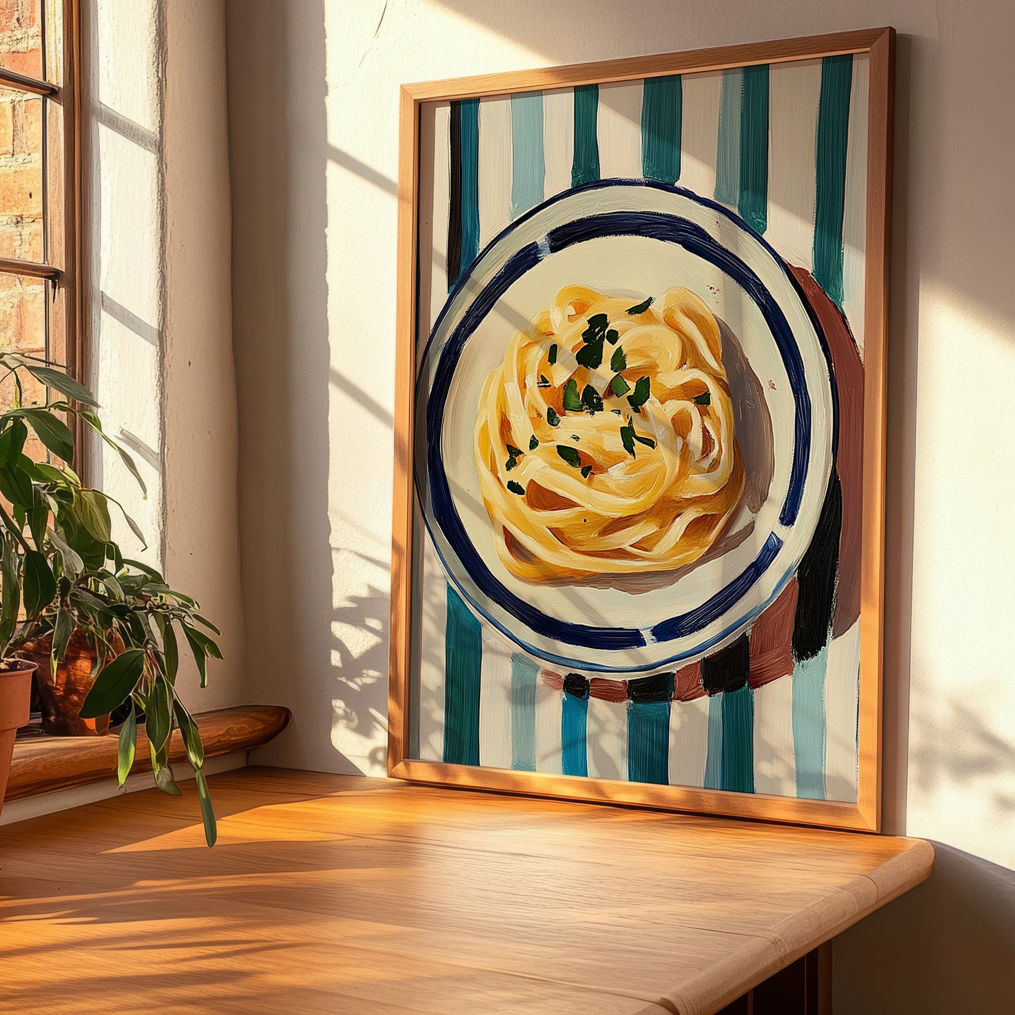 Pasta – on Striped Tablecloth, Italian Pasta Still Life, clean layout with no caption