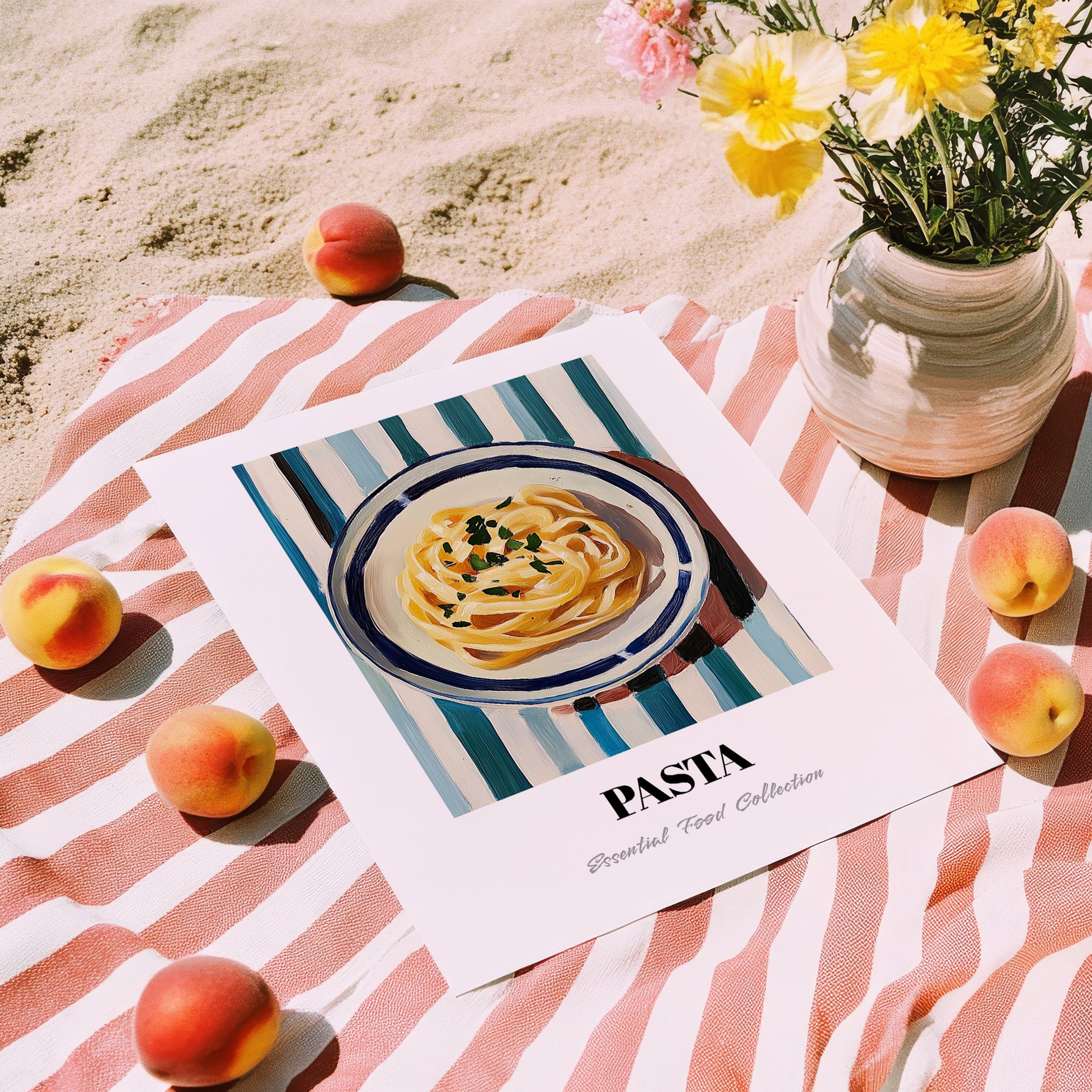 Pasta – on Striped Tablecloth, Italian Pasta Still Life, unframed on coastal sand