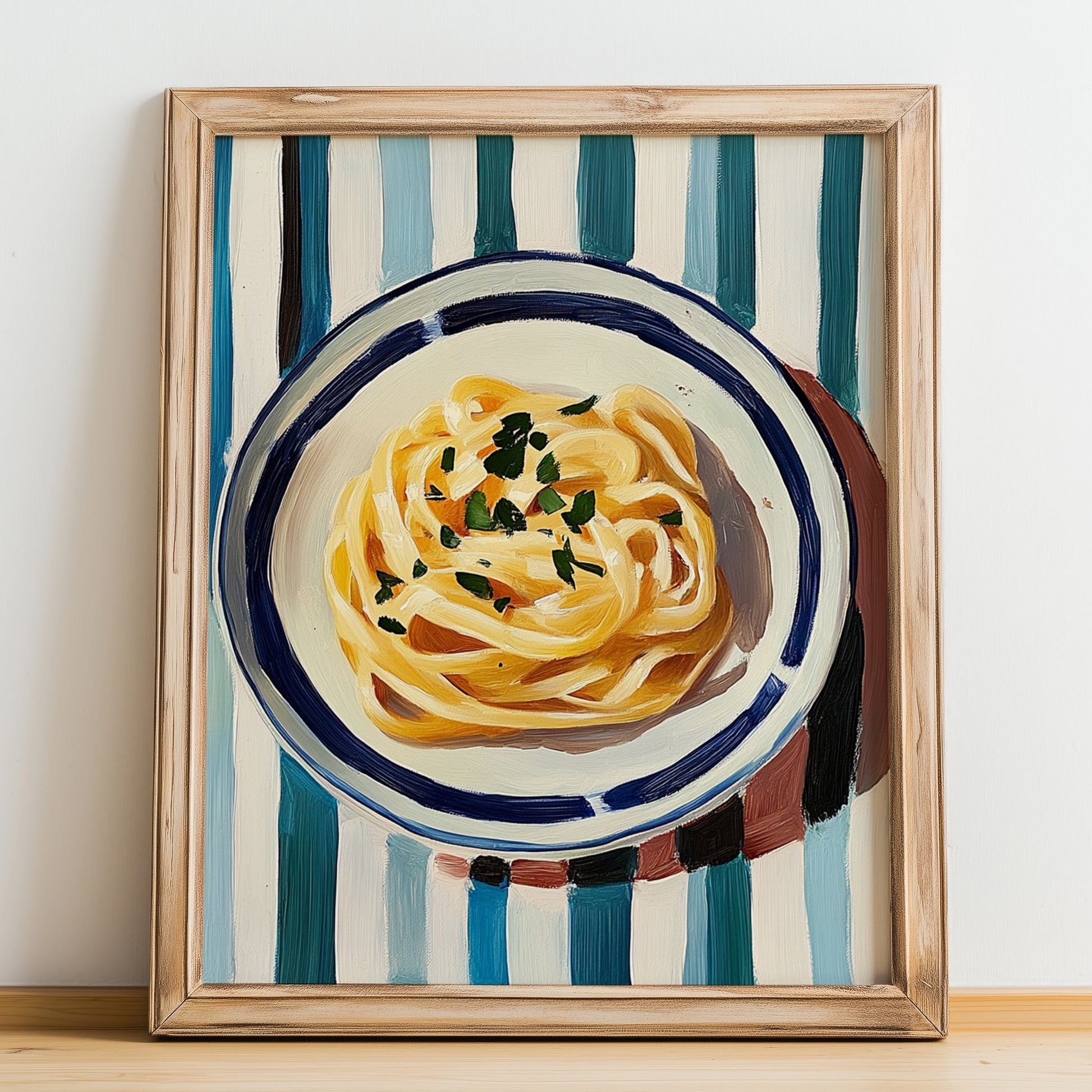 Pasta – on Striped Tablecloth, Italian Pasta Still Life, no-text version framed in wood
