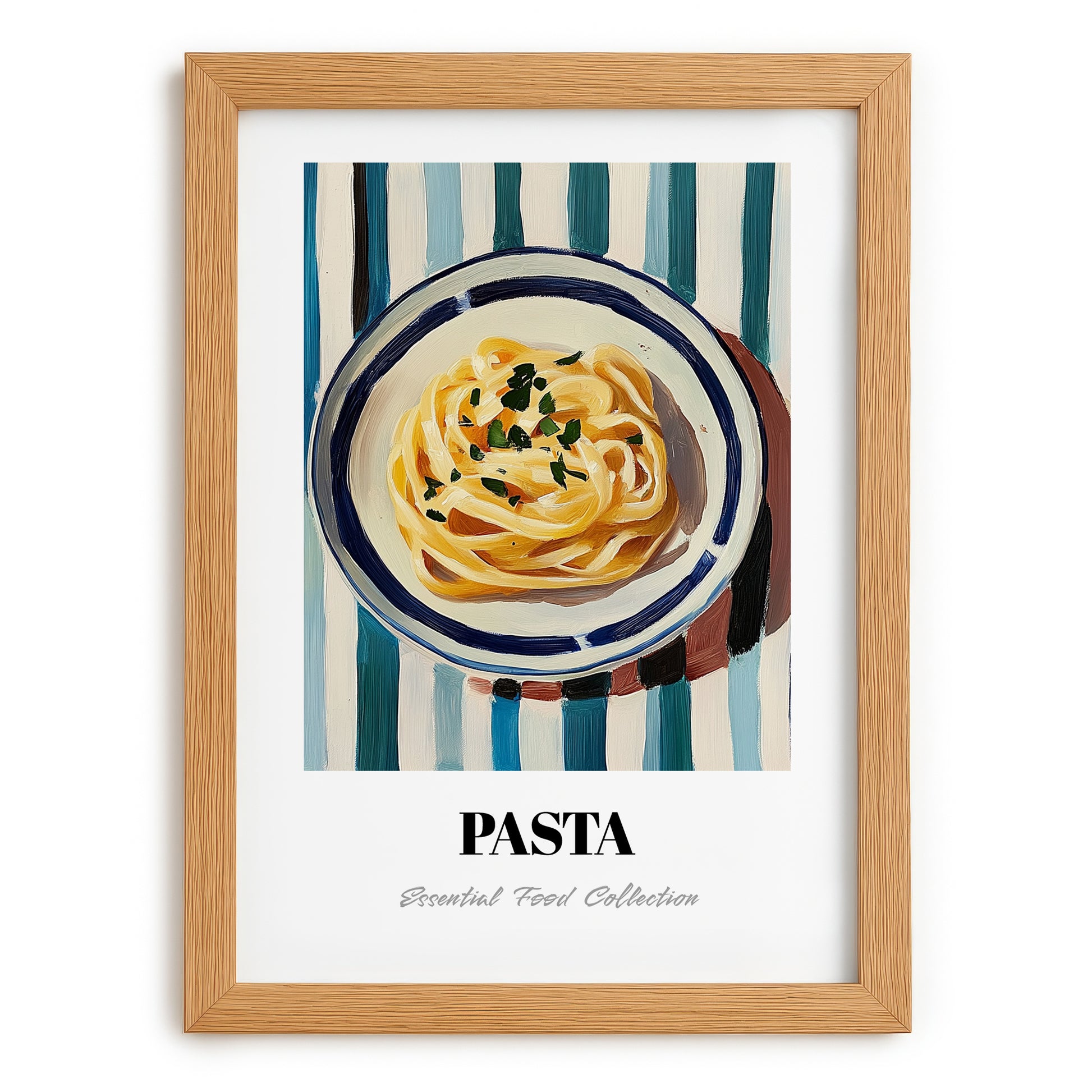Pasta – on Striped Tablecloth, Italian Pasta Still Life, set in oak frame