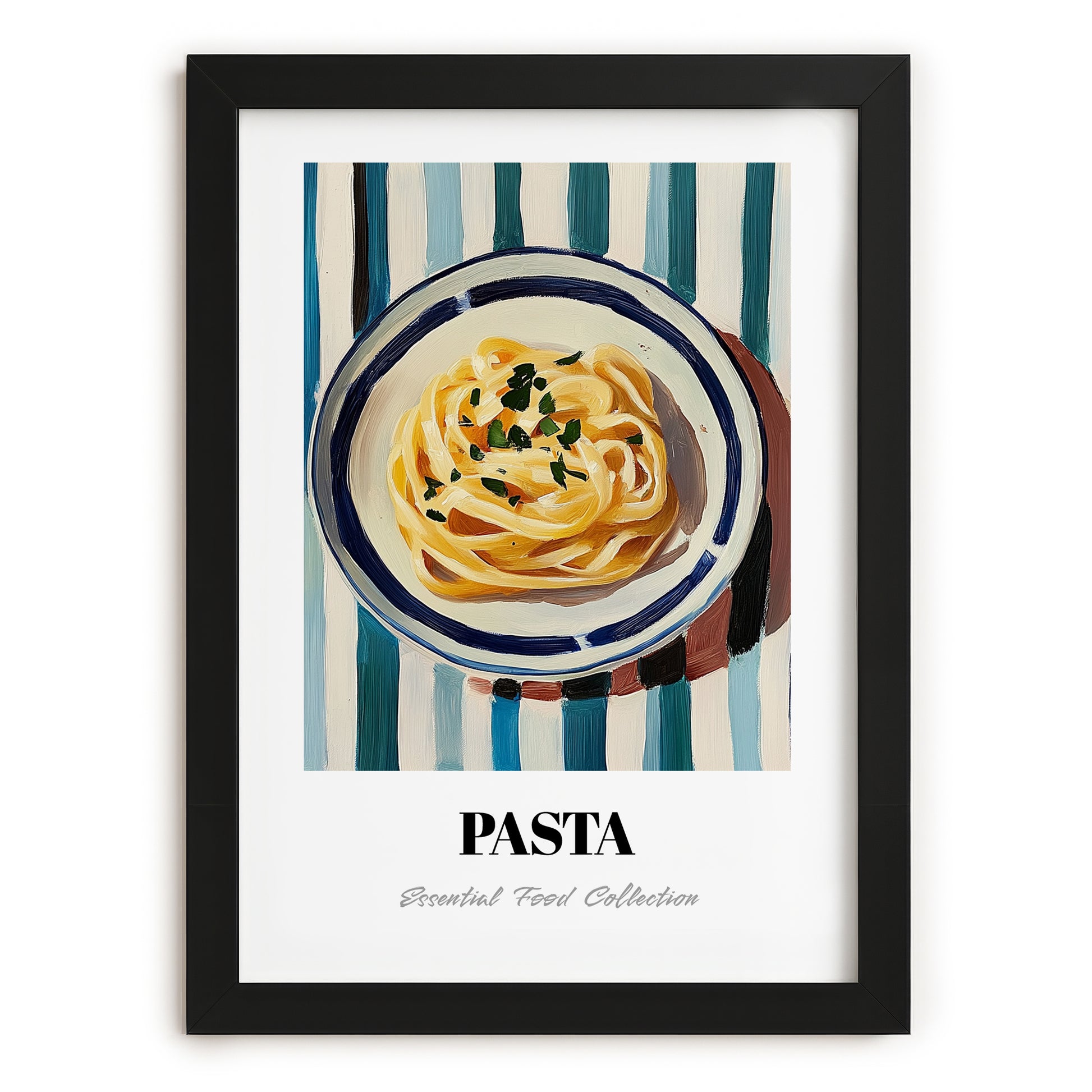 Pasta – on Striped Tablecloth, Italian Pasta Still Life, in sleek black frame