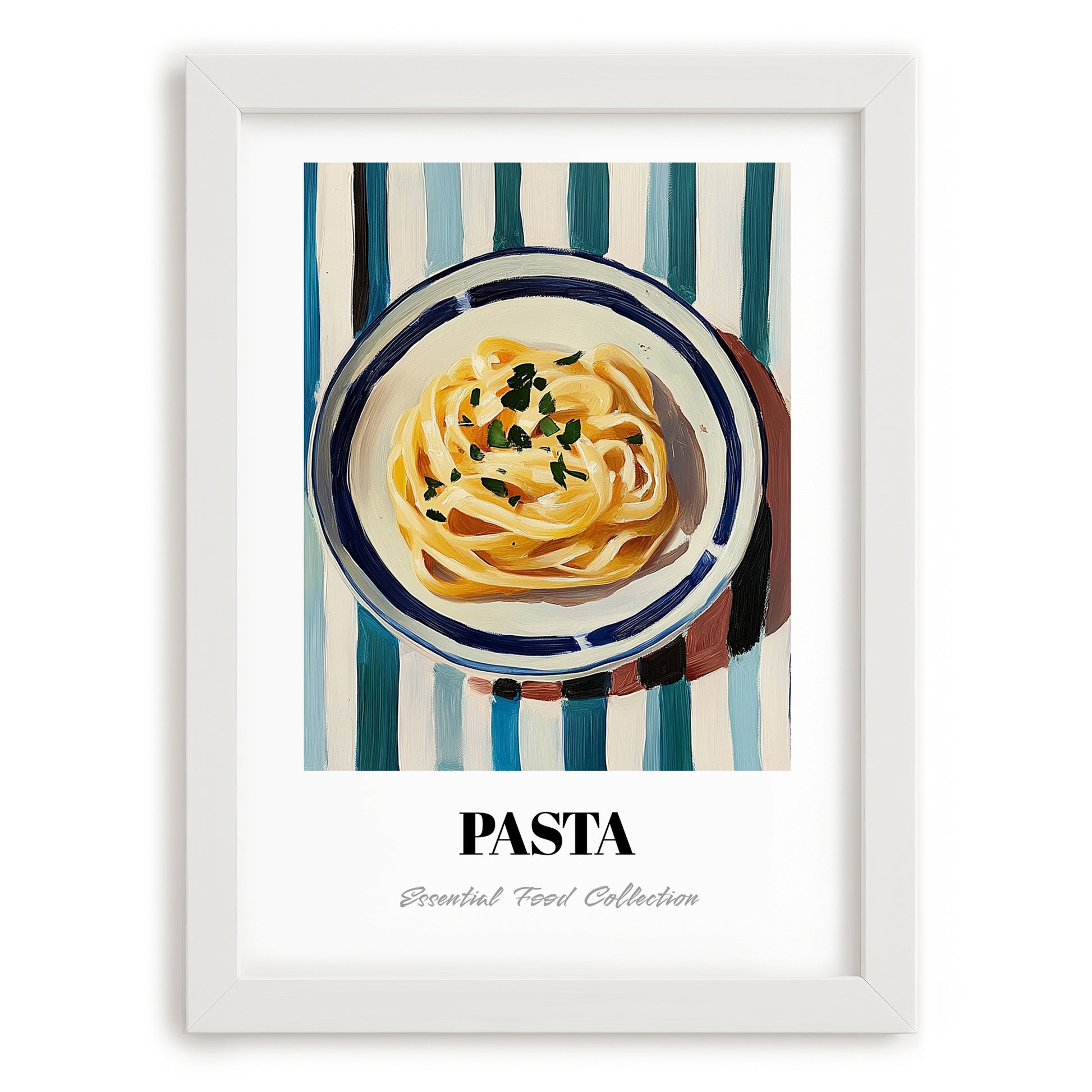 Pasta – on Striped Tablecloth, Italian Pasta Still Life, placed in minimal white frame