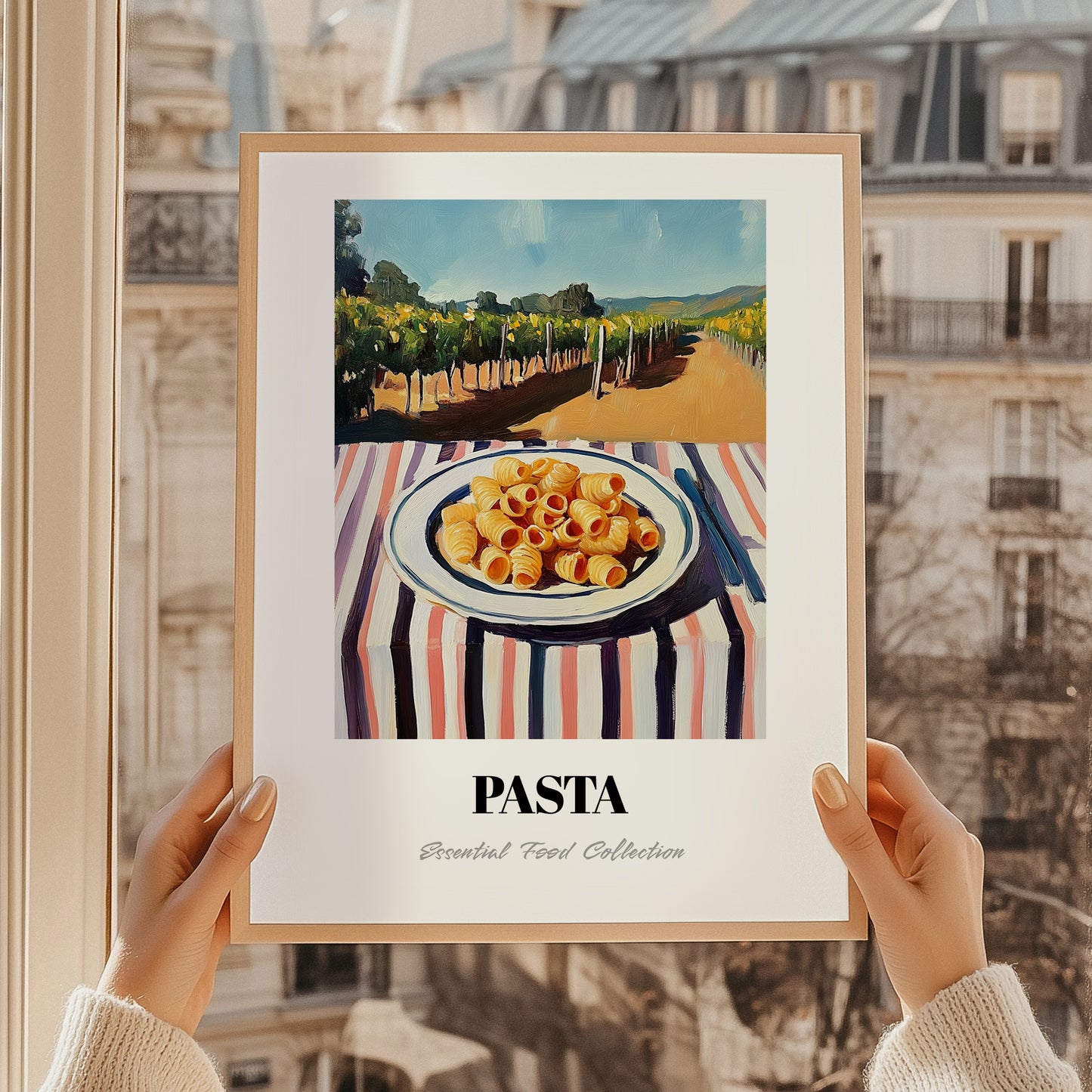 Pasta – Hilltop Café Scene, Italian Pasta Painting, styled in a charming Paris street view