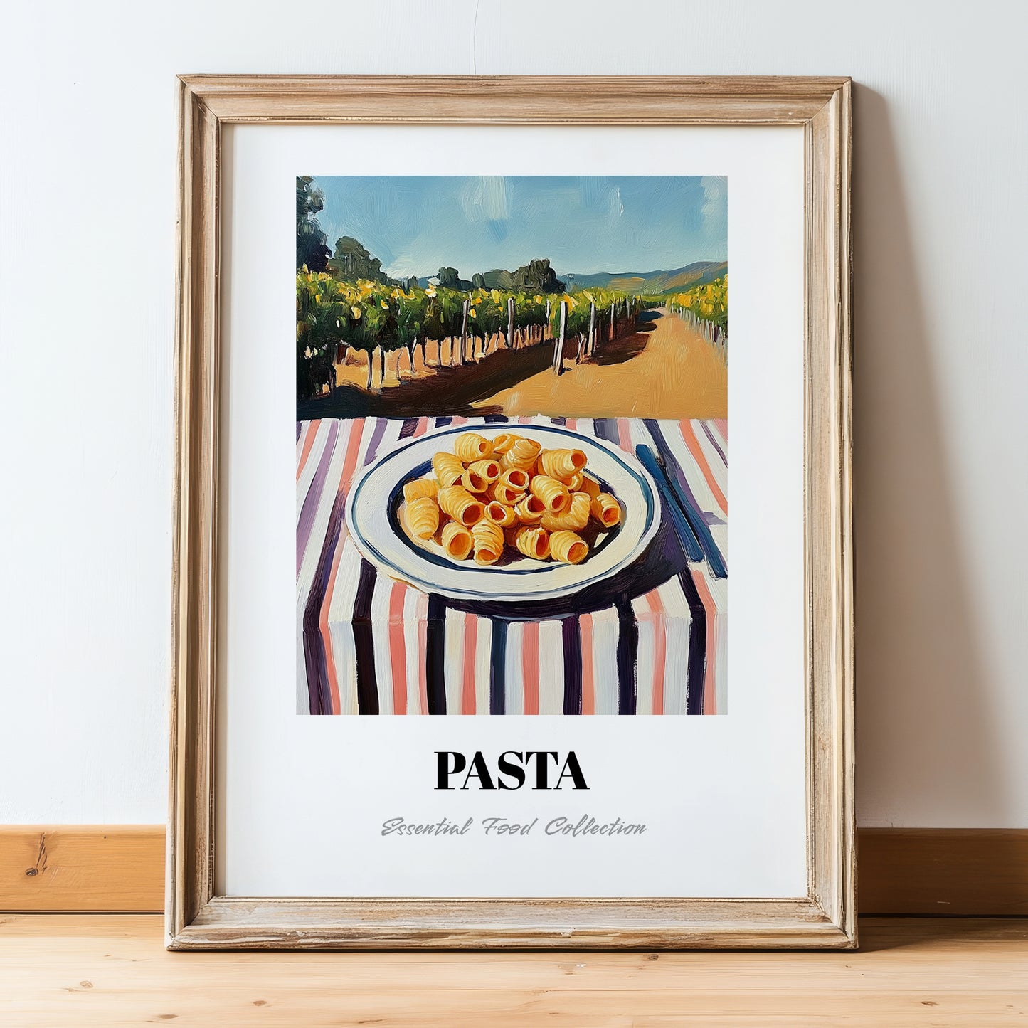 Pasta – Hilltop Café Scene, Italian Pasta Painting, in wooden frame leaning on the floor