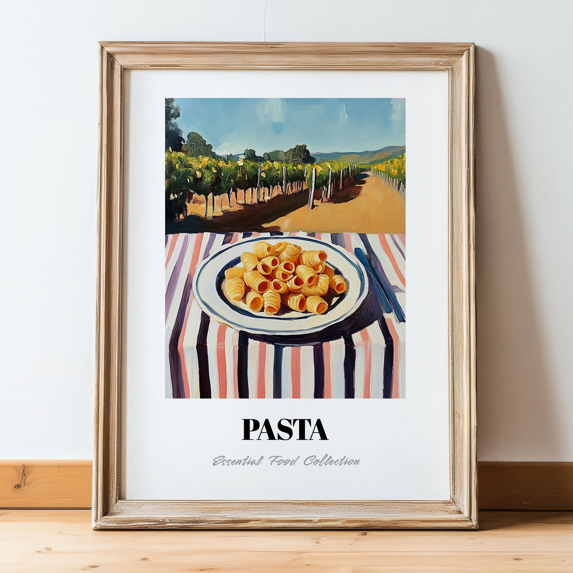 Pasta – Hilltop Café Scene, Italian Pasta Painting, in wooden frame leaning on the floor