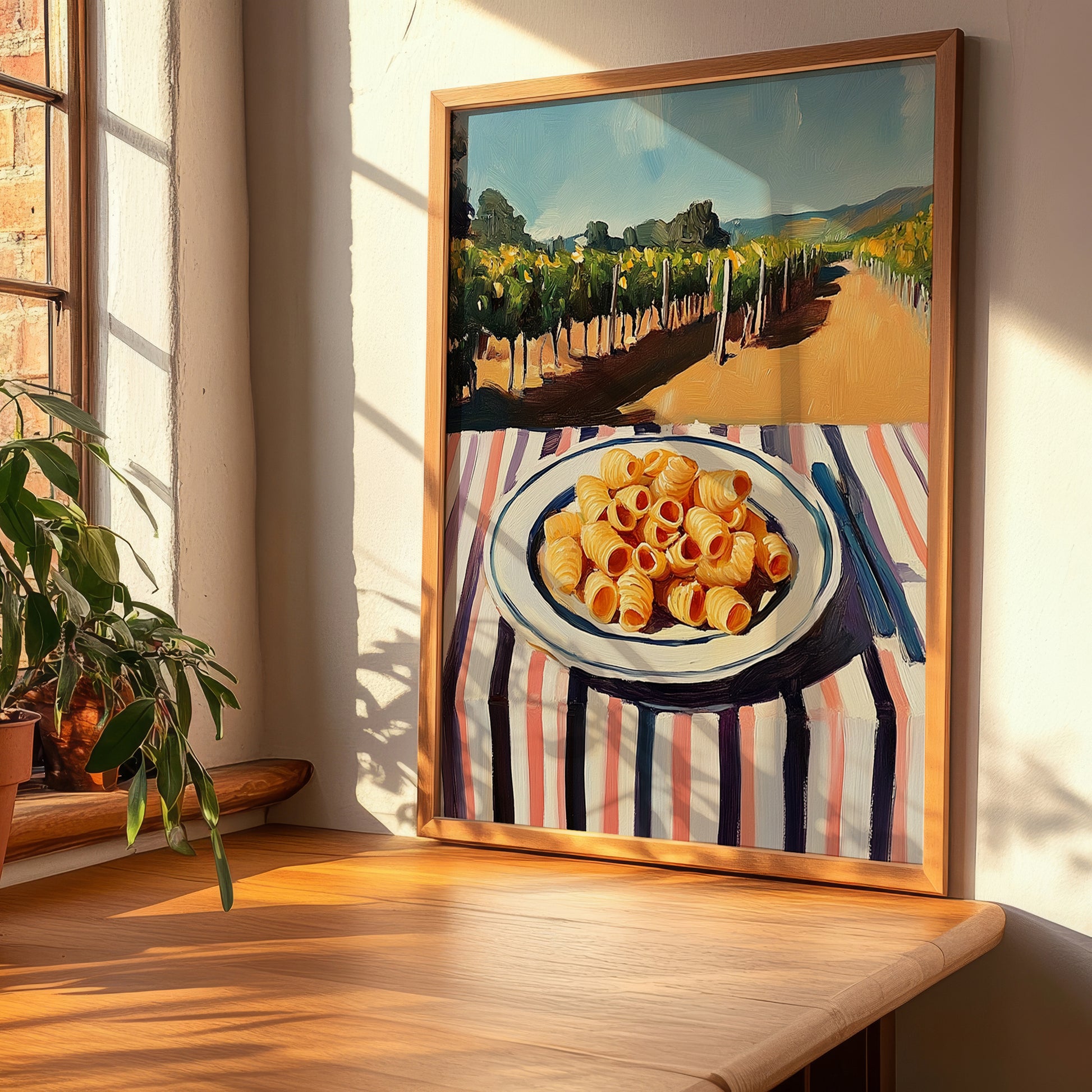 Pasta – Hilltop Café Scene, Italian Pasta Painting, clean layout with no caption