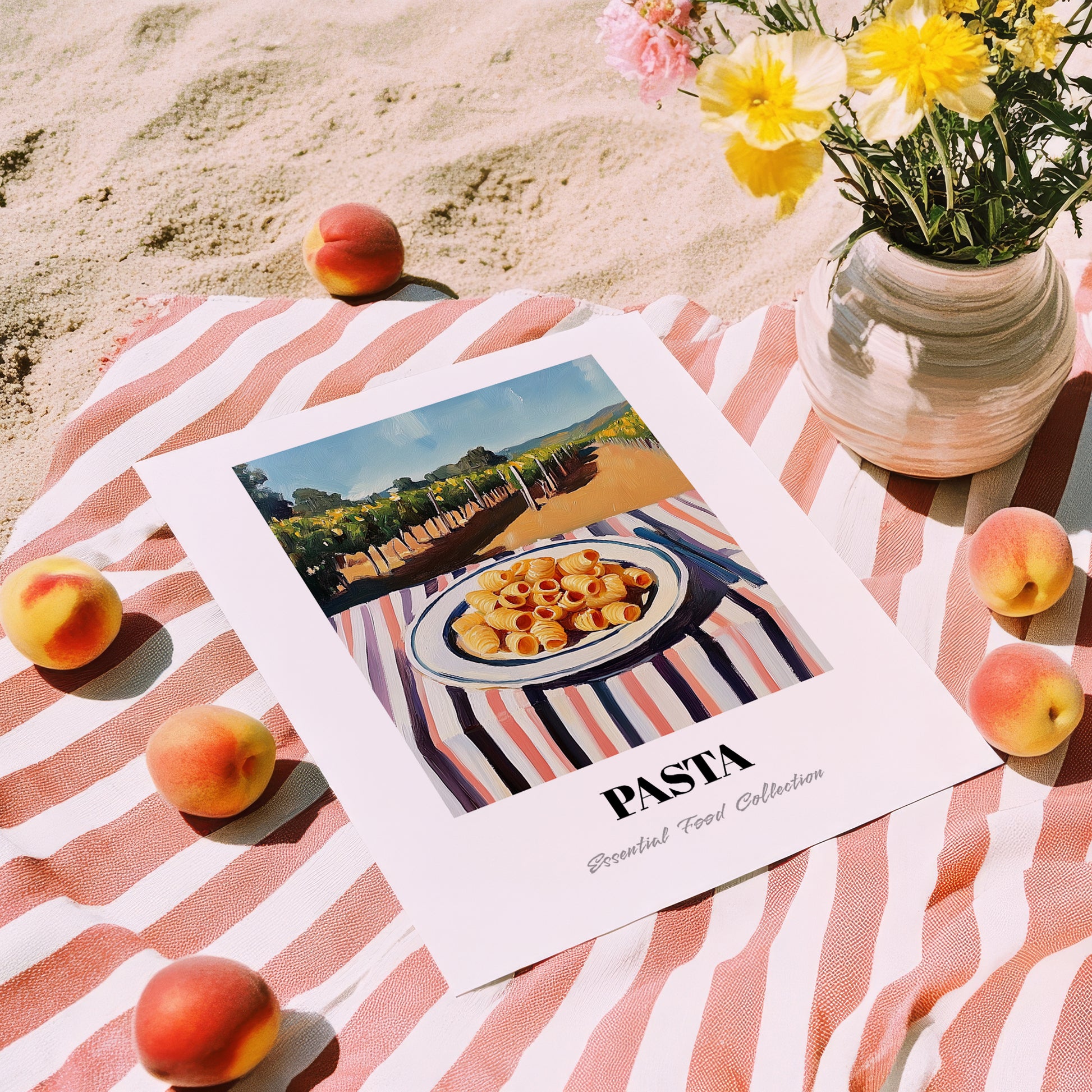 Pasta – Hilltop Café Scene, Italian Pasta Painting, unframed on coastal sand