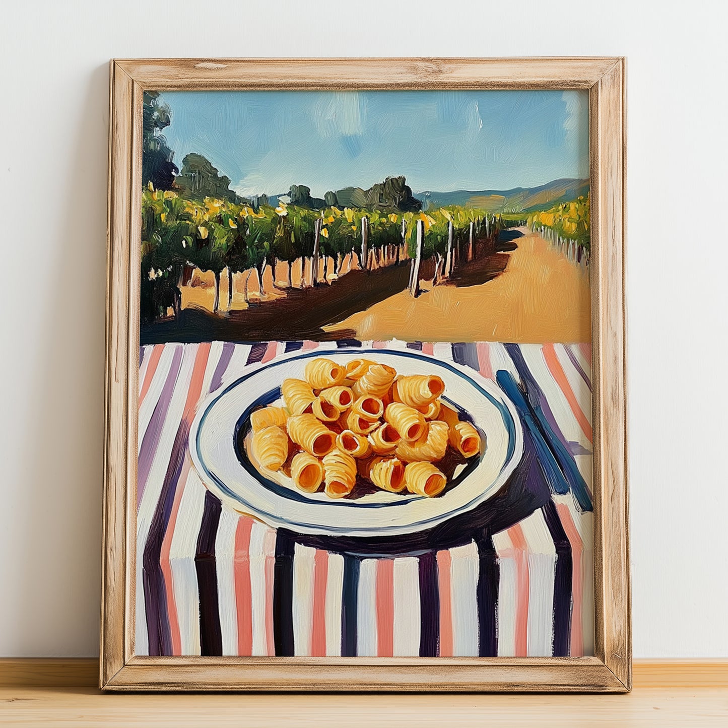 Pasta – Hilltop Café Scene, Italian Pasta Painting, no-text version framed in wood