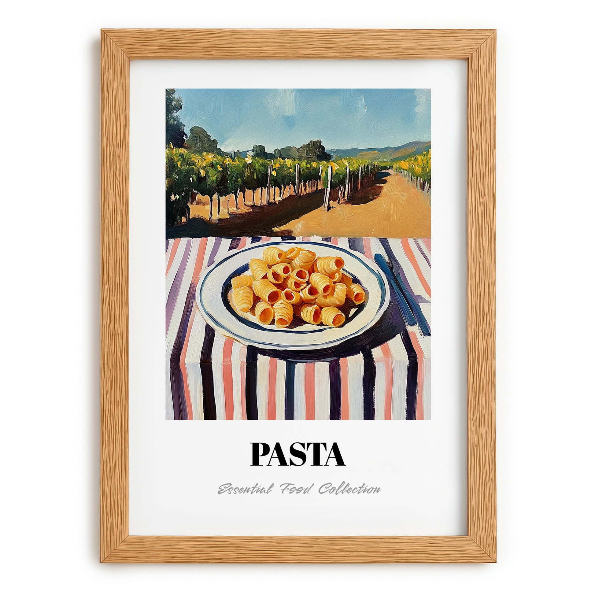 Pasta – Hilltop Café Scene, Italian Pasta Painting, set in oak frame