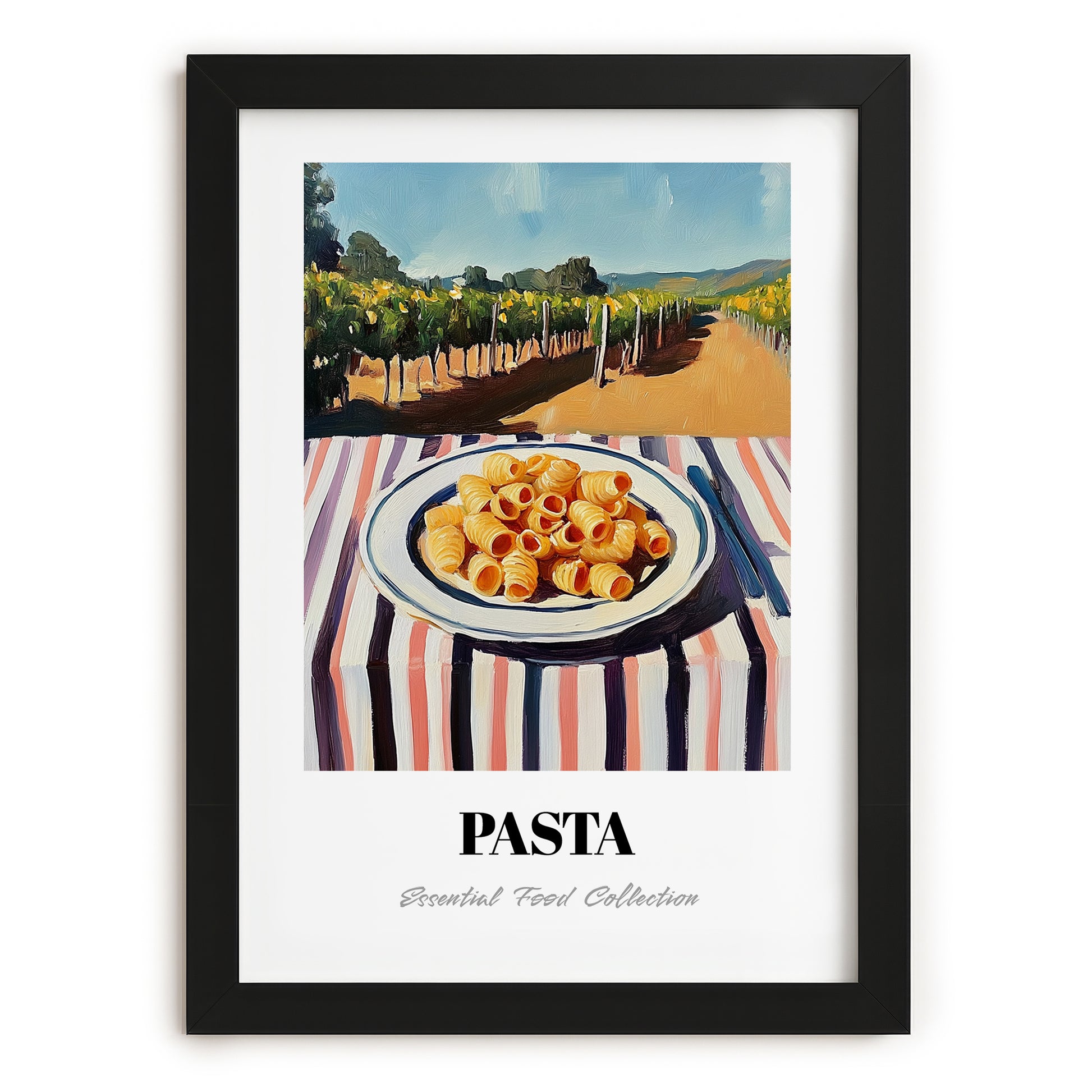 Pasta – Hilltop Café Scene, Italian Pasta Painting, in sleek black frame