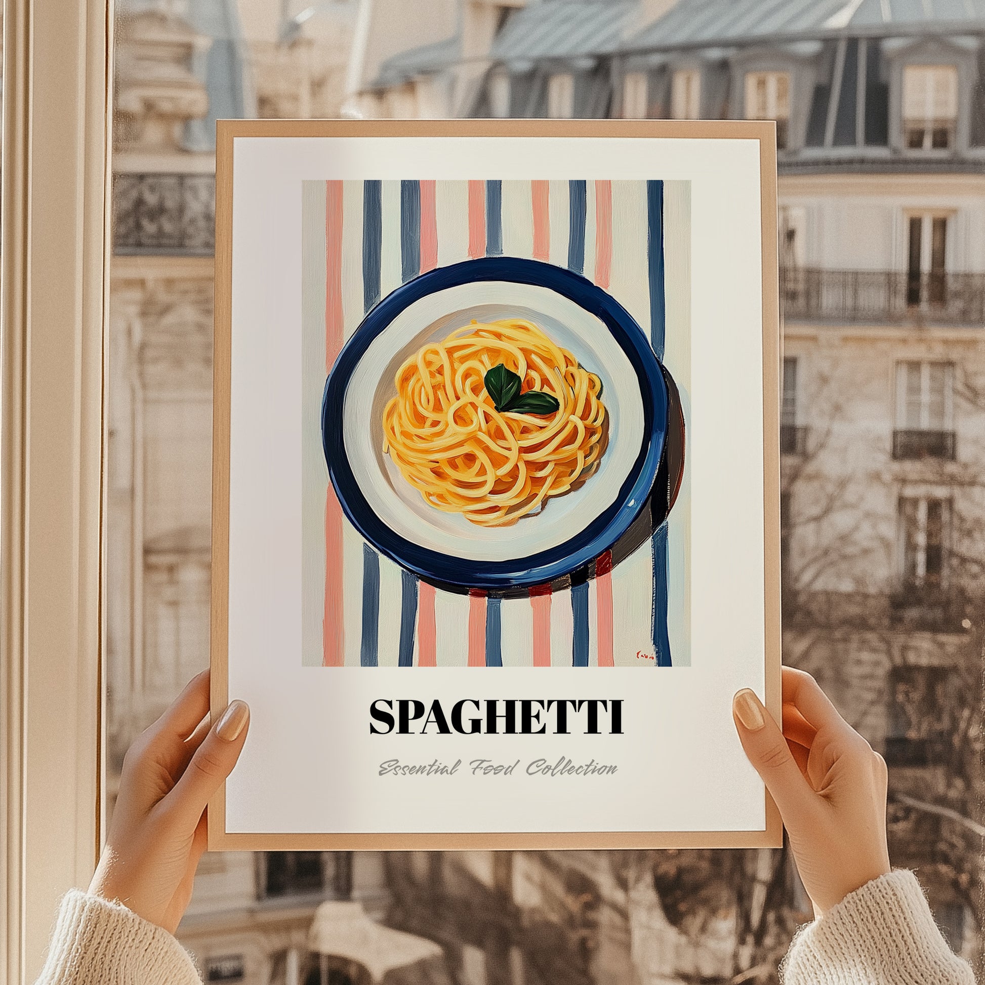 Spaghetti – on Striped Tablecloth, Italian Pasta Still Life, styled in a charming Paris street view