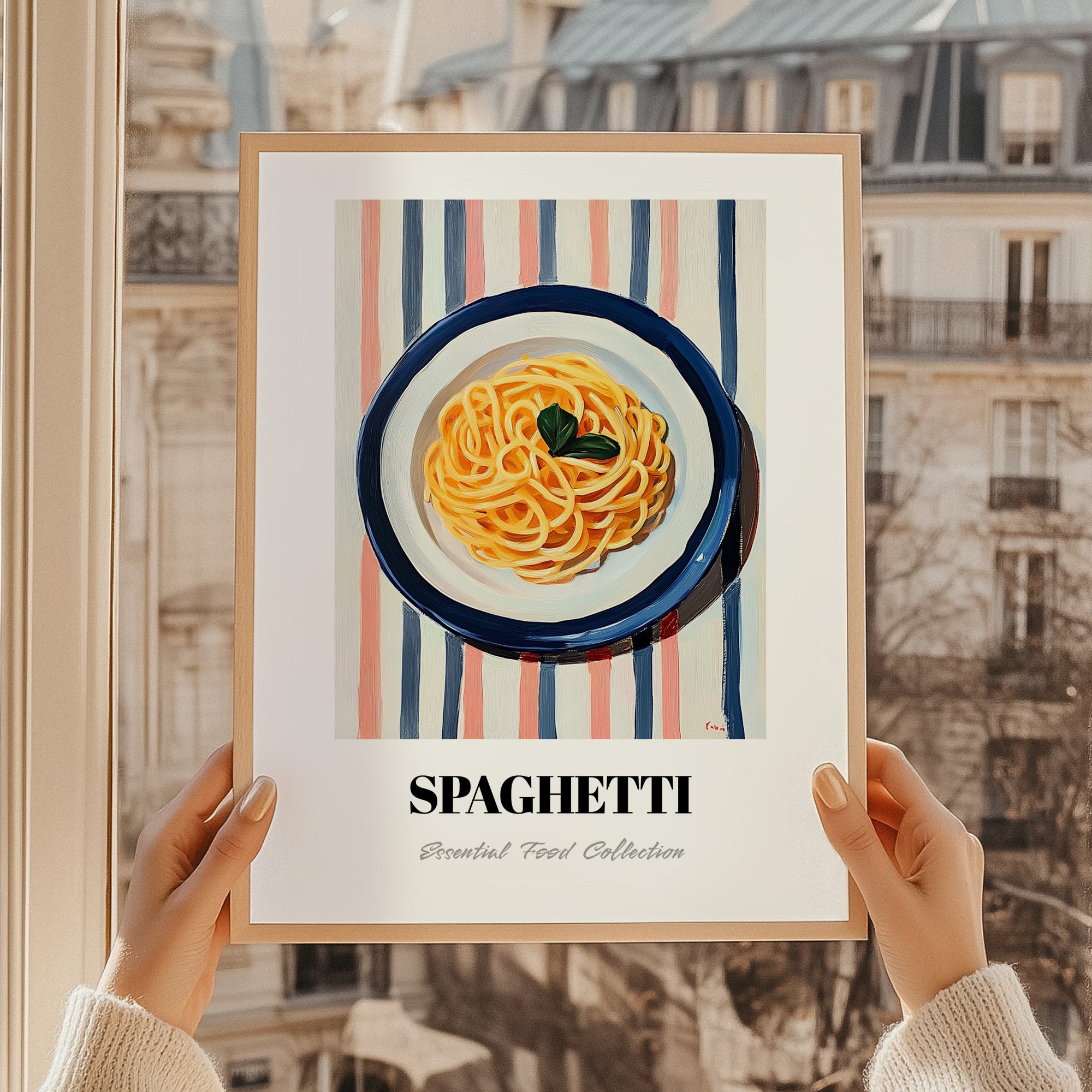 Spaghetti – on Striped Tablecloth, Italian Pasta Still Life, styled in a charming Paris street view