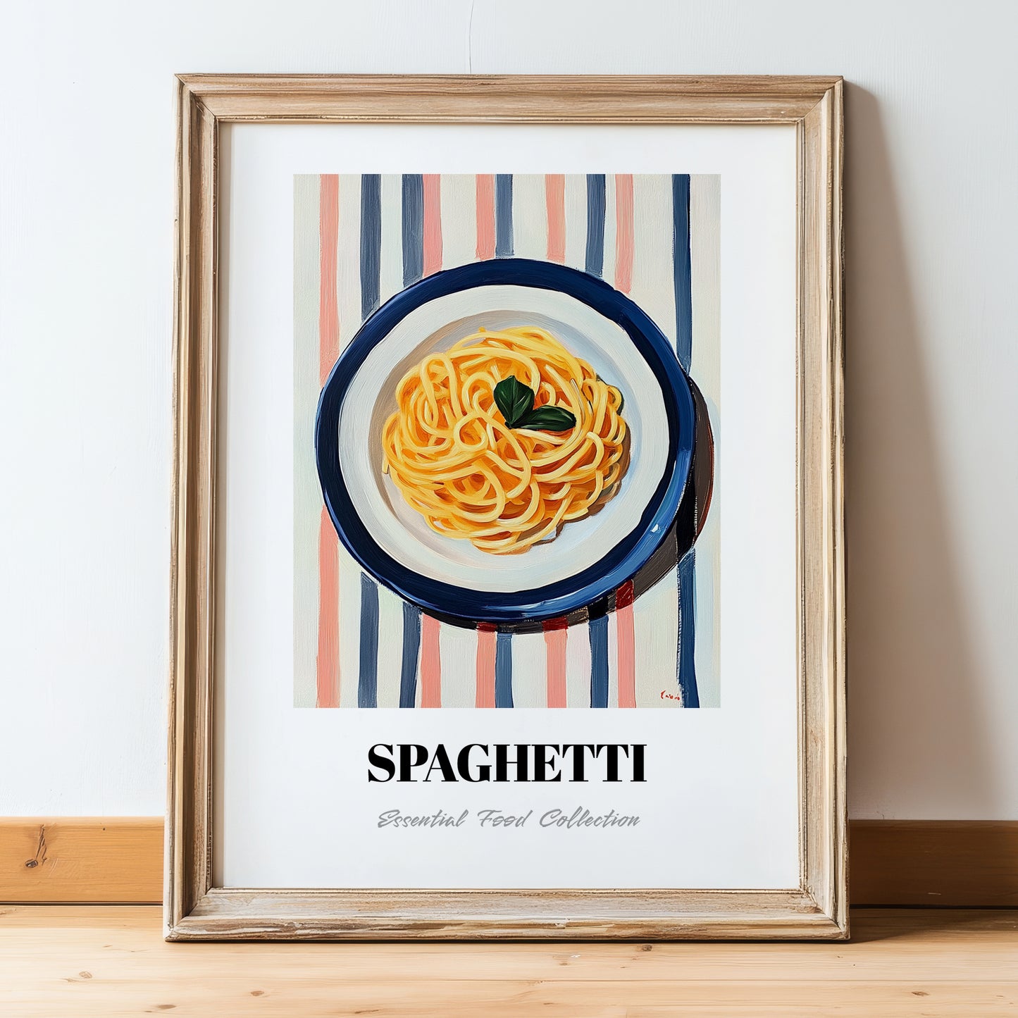 Spaghetti – on Striped Tablecloth, Italian Pasta Still Life, in wooden frame leaning on the floor