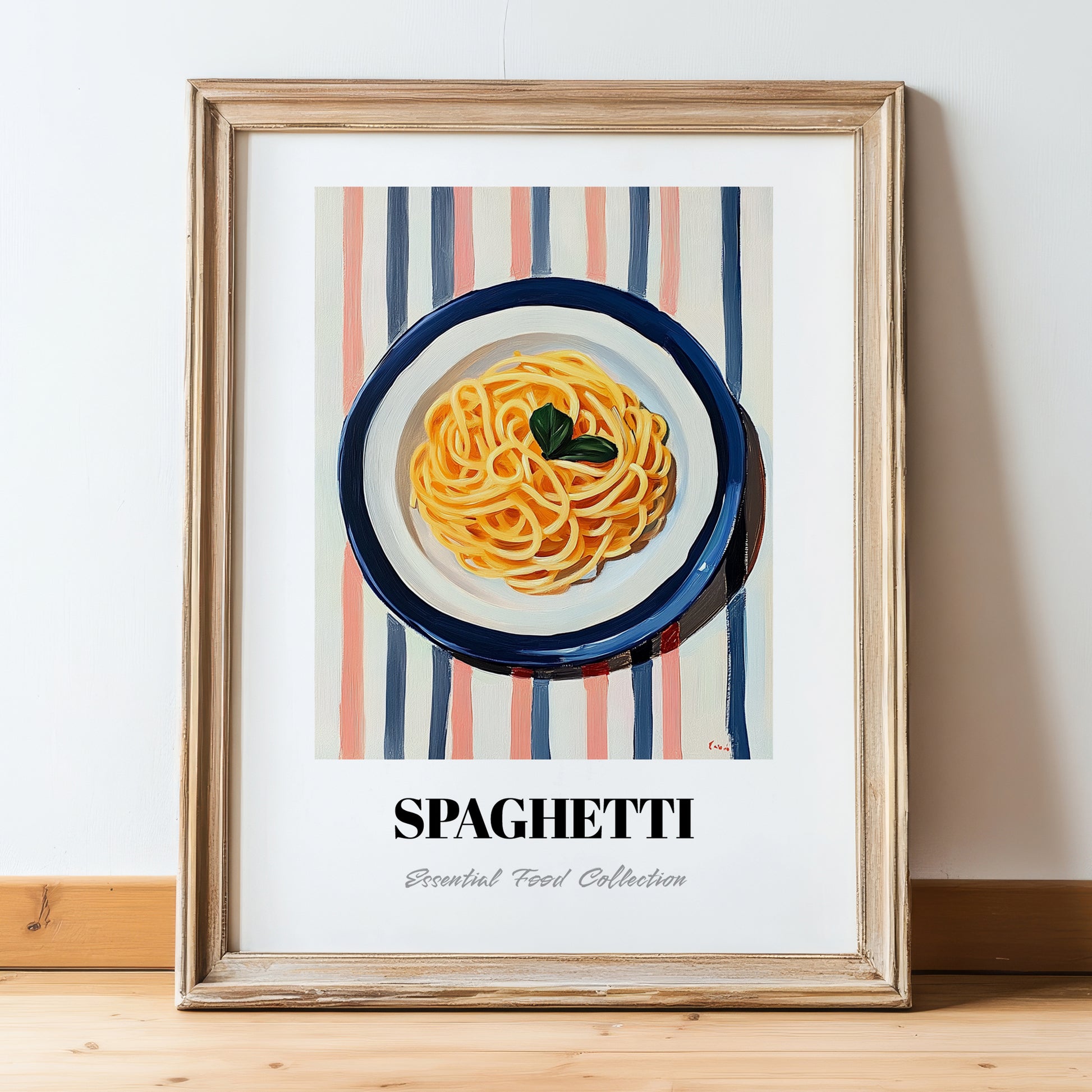 Spaghetti – on Striped Tablecloth, Italian Pasta Still Life, in wooden frame leaning on the floor