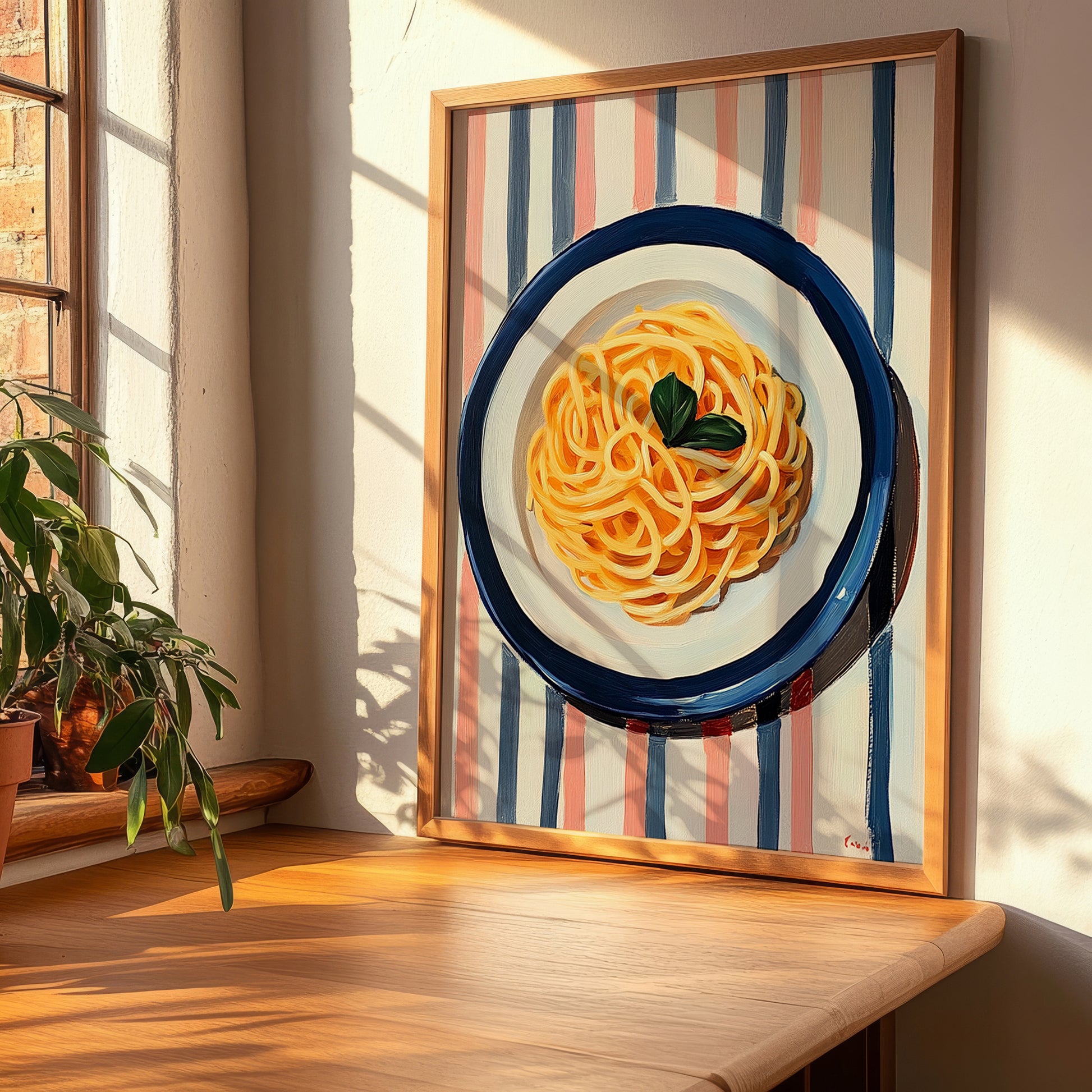 Spaghetti – on Striped Tablecloth, Italian Pasta Still Life, clean layout with no caption