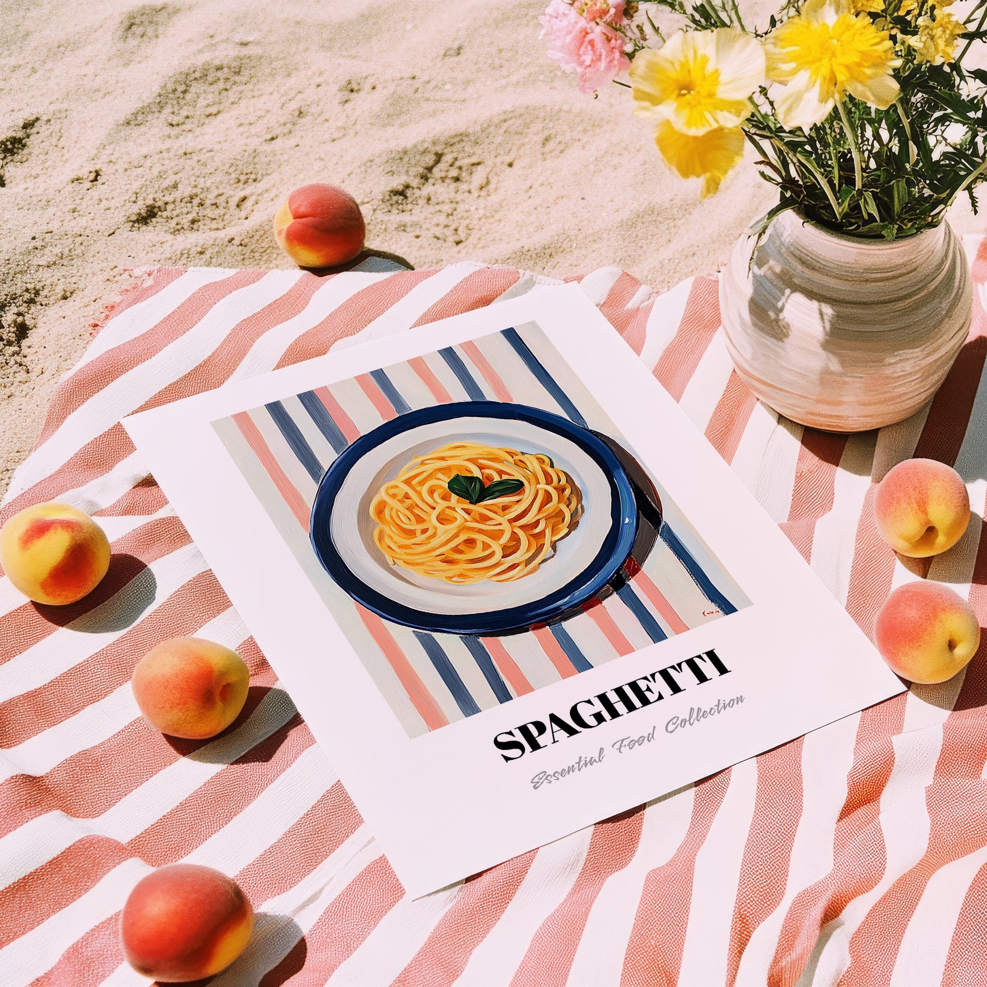 Spaghetti – on Striped Tablecloth, Italian Pasta Still Life, unframed on coastal sand