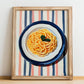 Spaghetti – on Striped Tablecloth, Italian Pasta Still Life, no-text version framed in wood