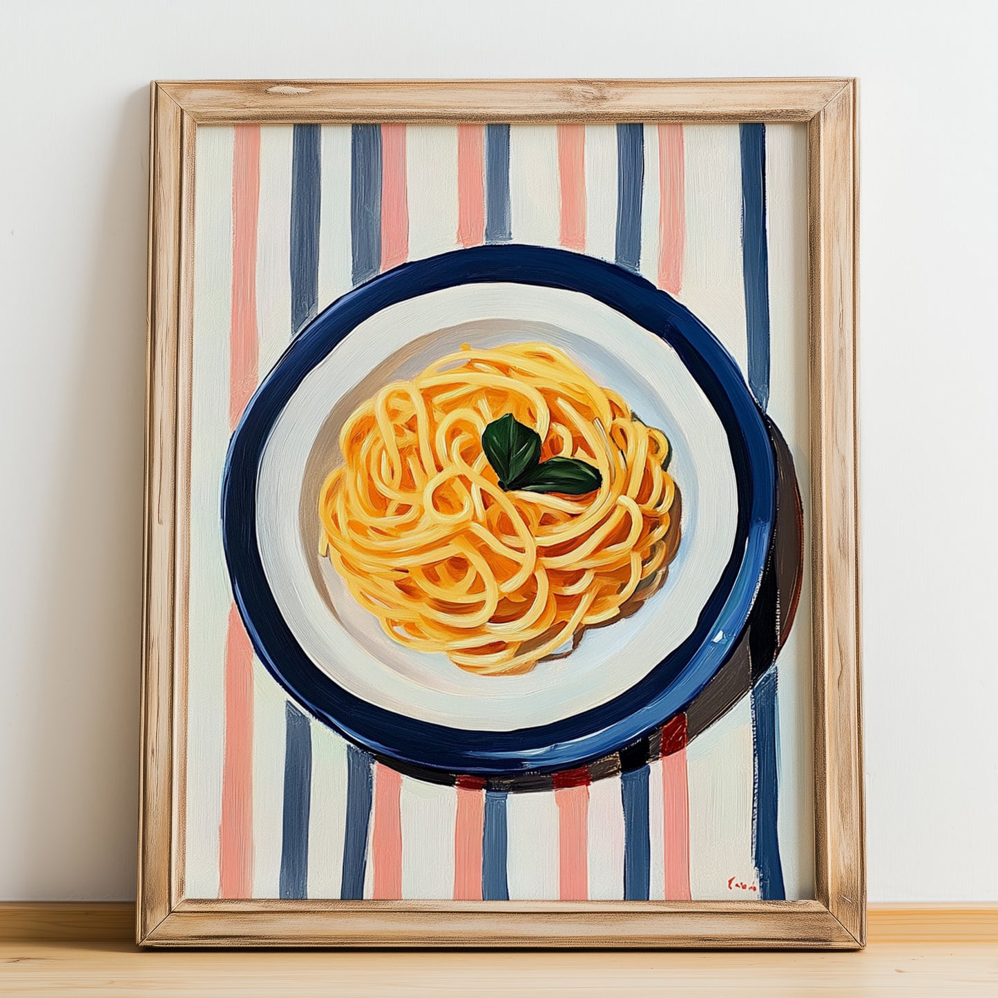 Spaghetti – on Striped Tablecloth, Italian Pasta Still Life, no-text version framed in wood