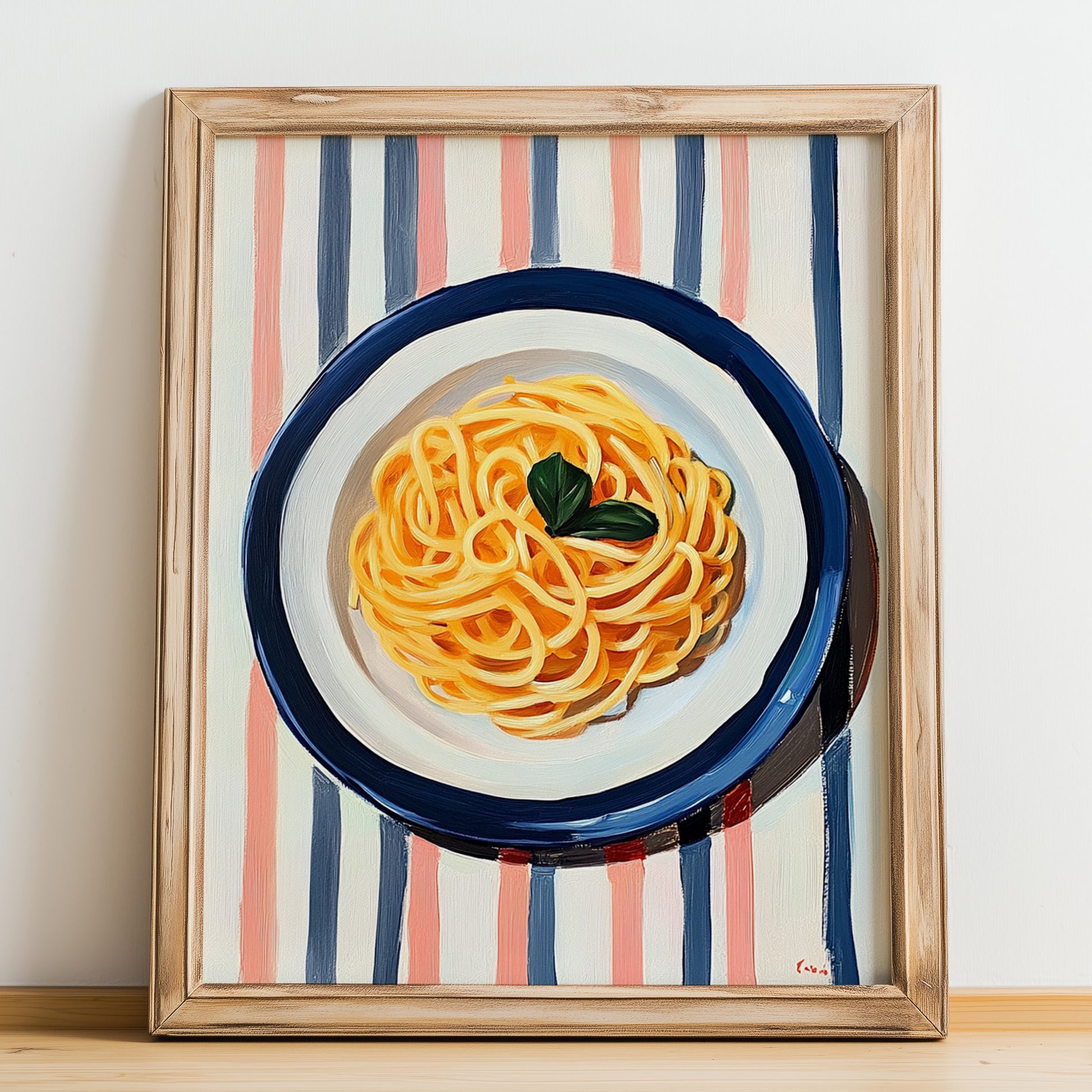 Spaghetti – on Striped Tablecloth, Italian Pasta Still Life, no-text version framed in wood