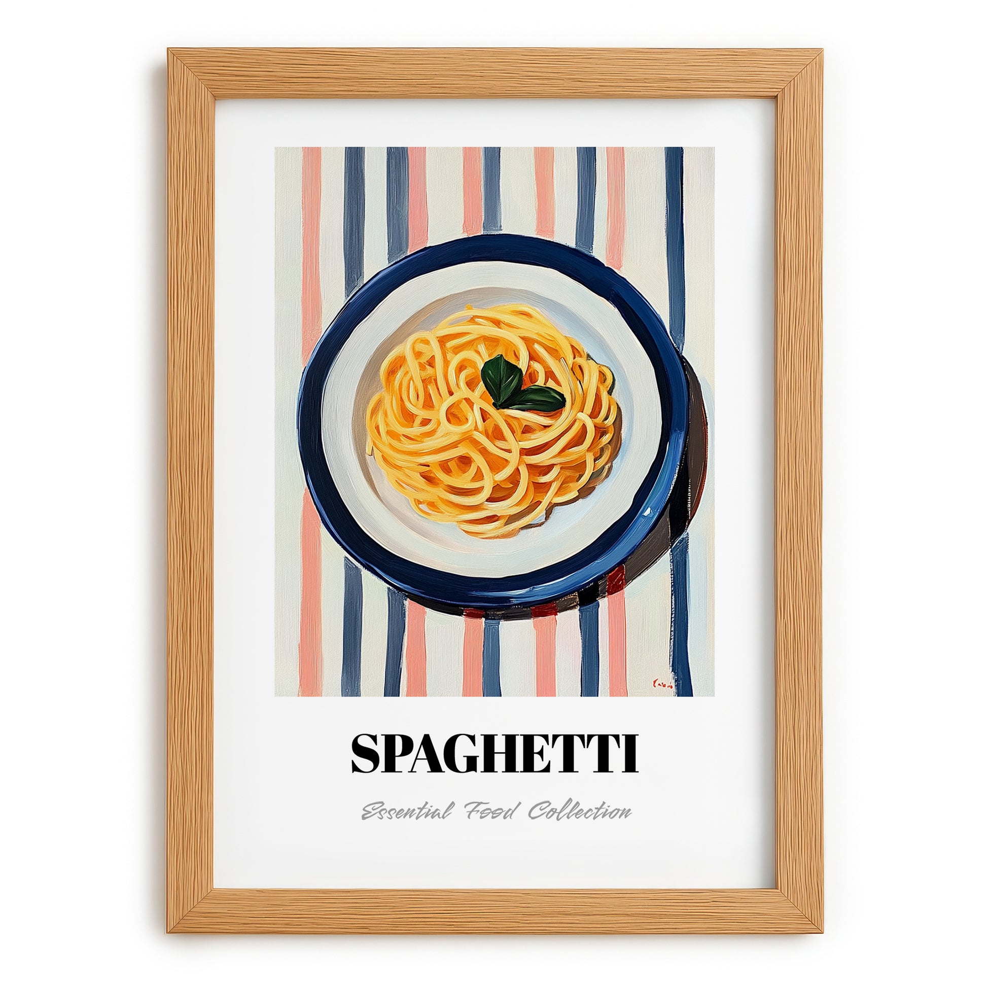Spaghetti – on Striped Tablecloth, Italian Pasta Still Life, set in oak frame