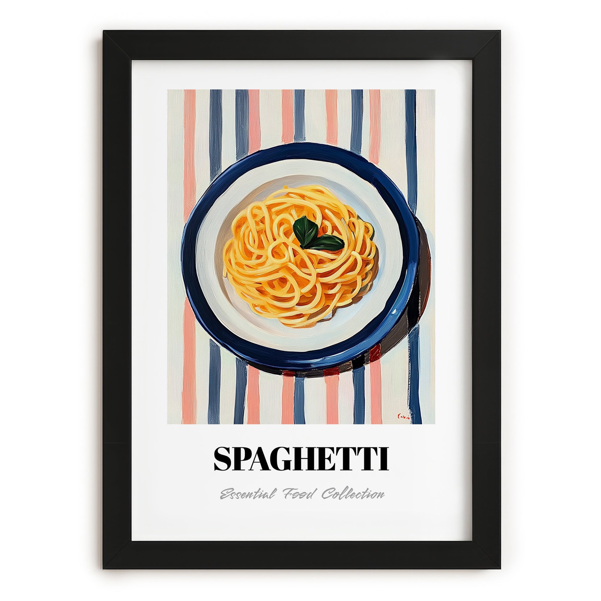 Spaghetti – on Striped Tablecloth, Italian Pasta Still Life, in sleek black frame