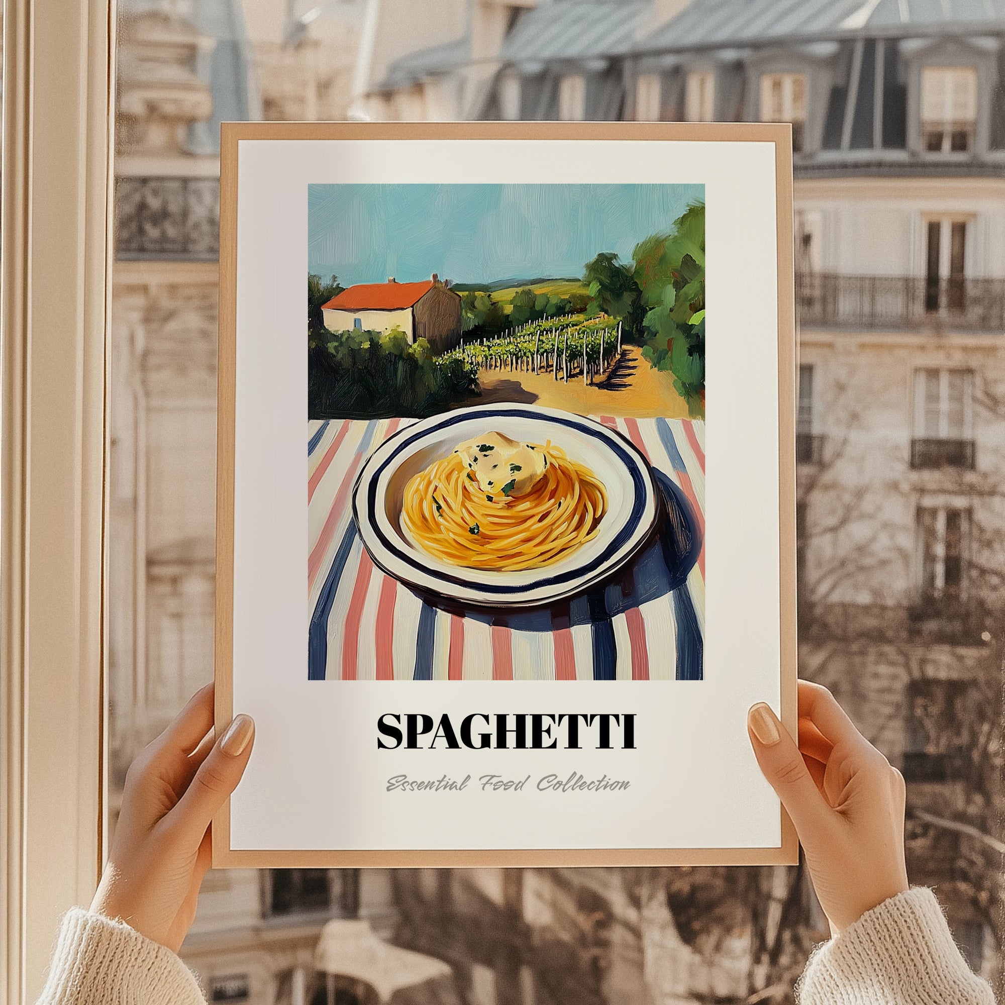 Spaghetti – Hilltop Table Scene, Italian Pasta Poster, styled in a charming Paris street view