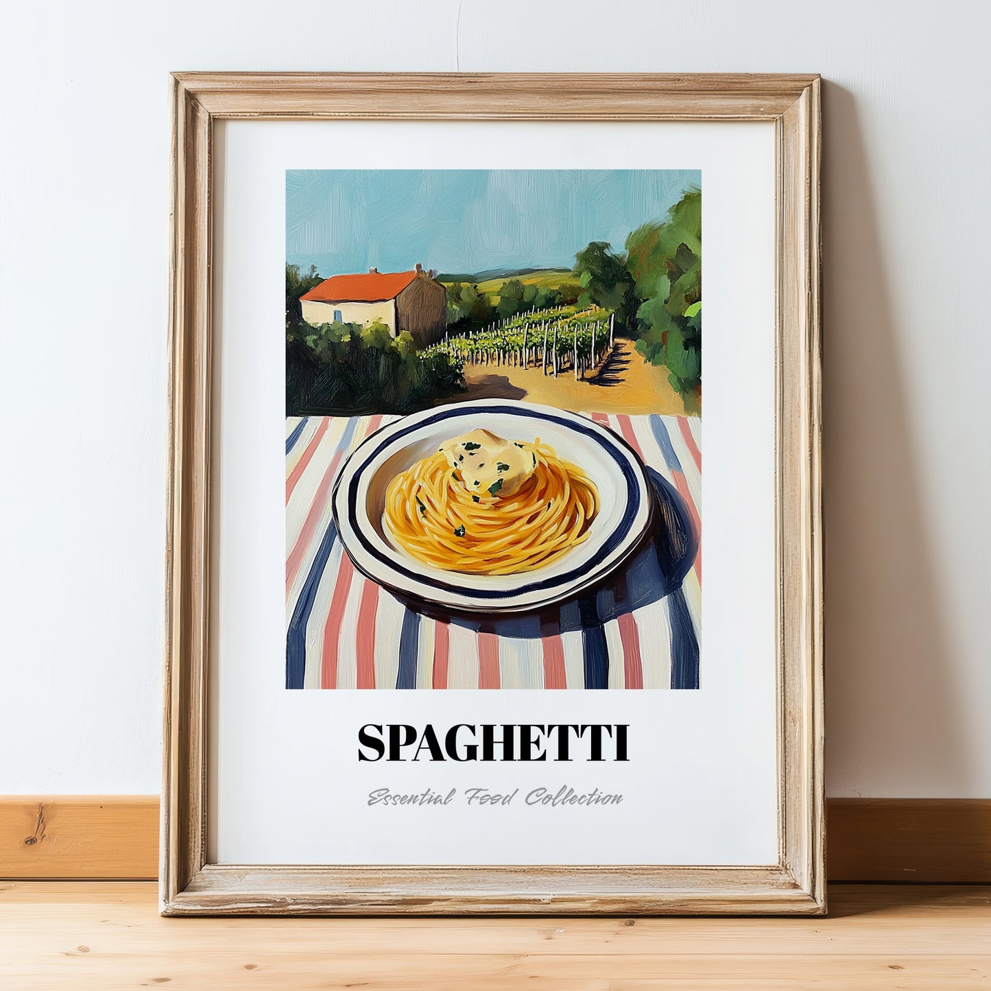 Spaghetti – Hilltop Table Scene, Italian Pasta Poster, in wooden frame leaning on the floor