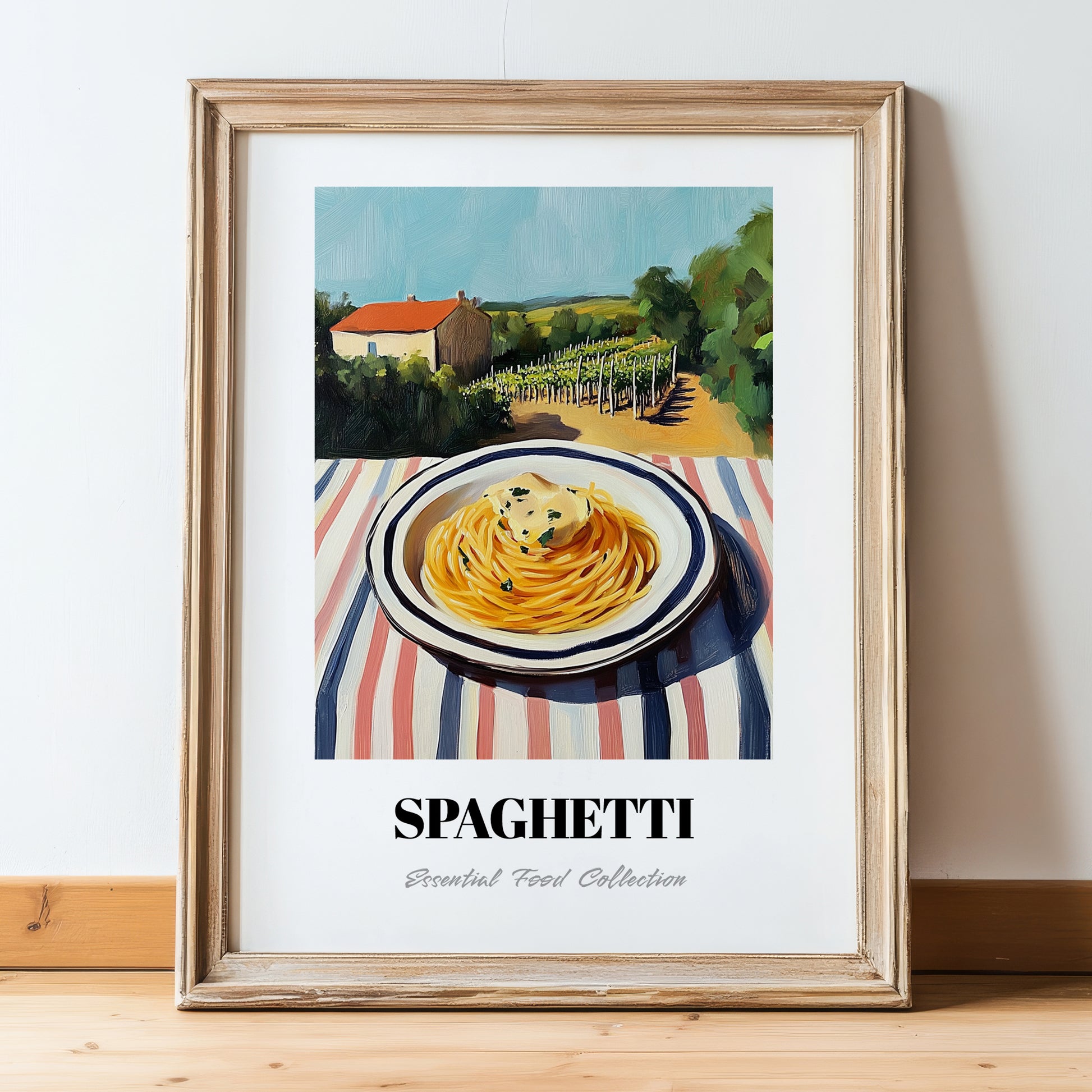 Spaghetti – Hilltop Table Scene, Italian Pasta Poster, in wooden frame leaning on the floor
