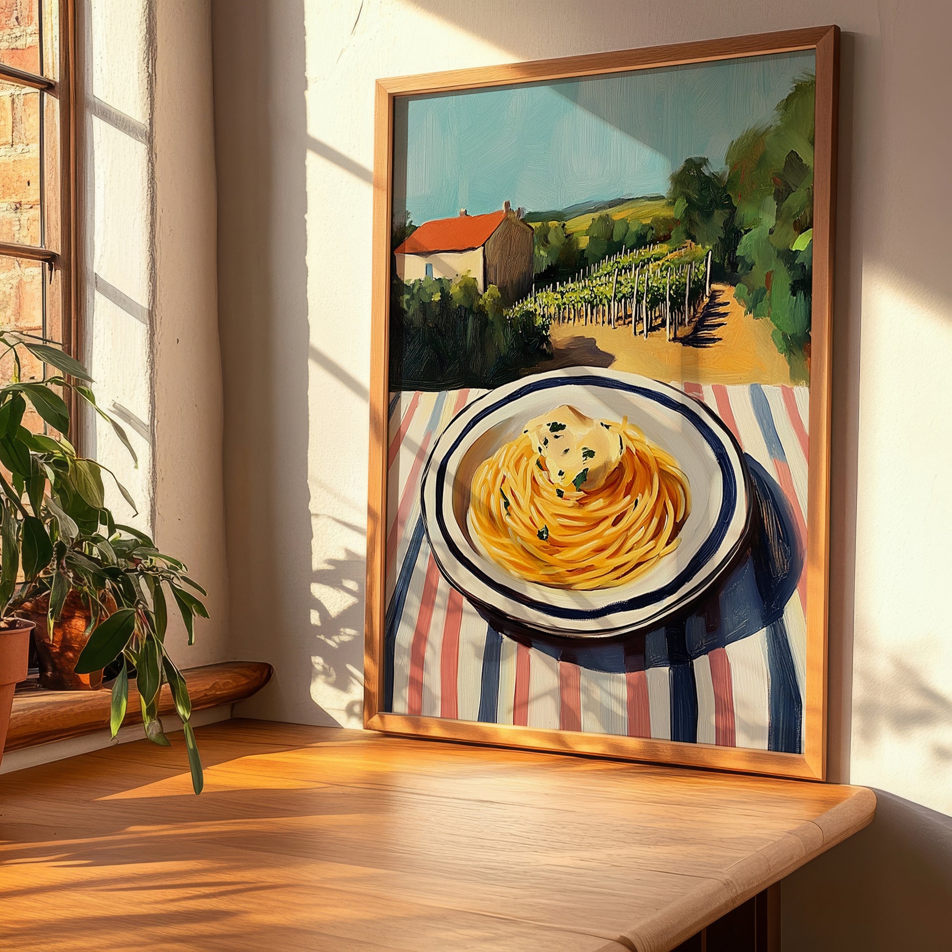 Spaghetti – Hilltop Table Scene, Italian Pasta Poster, clean layout with no caption