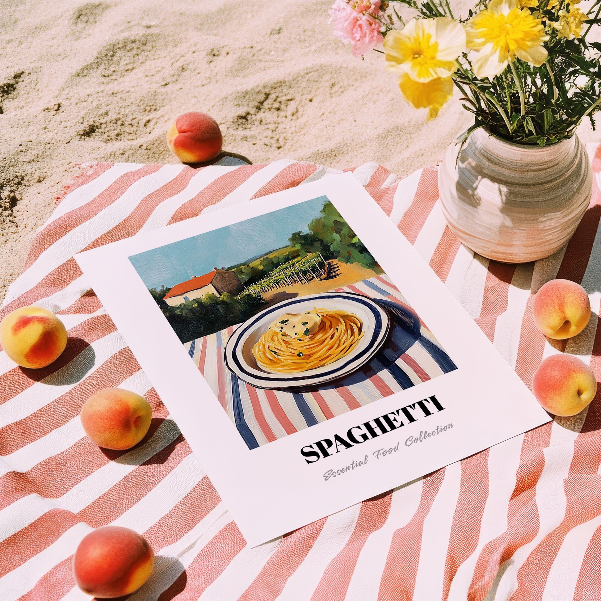 Spaghetti – Hilltop Table Scene, Italian Pasta Poster, unframed on coastal sand