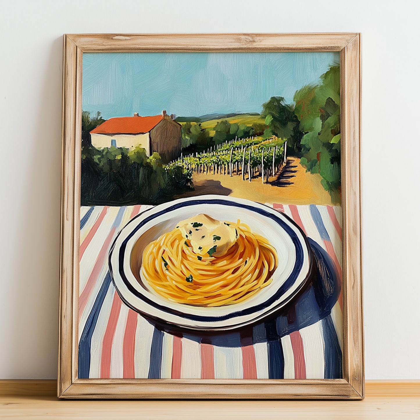 Spaghetti – Hilltop Table Scene, Italian Pasta Poster, no-text version framed in wood
