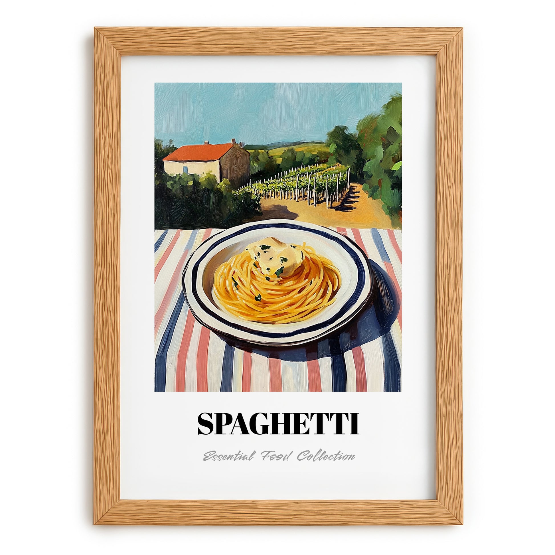 Spaghetti – Hilltop Table Scene, Italian Pasta Poster, set in oak frame