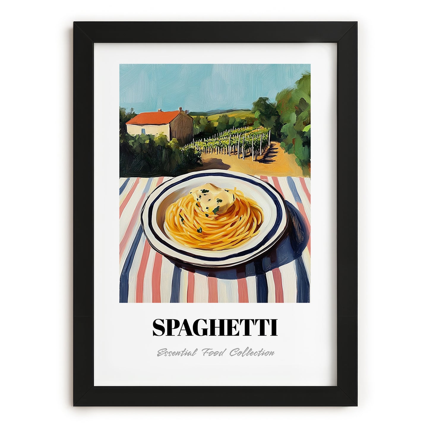Spaghetti – Hilltop Table Scene, Italian Pasta Poster, in sleek black frame