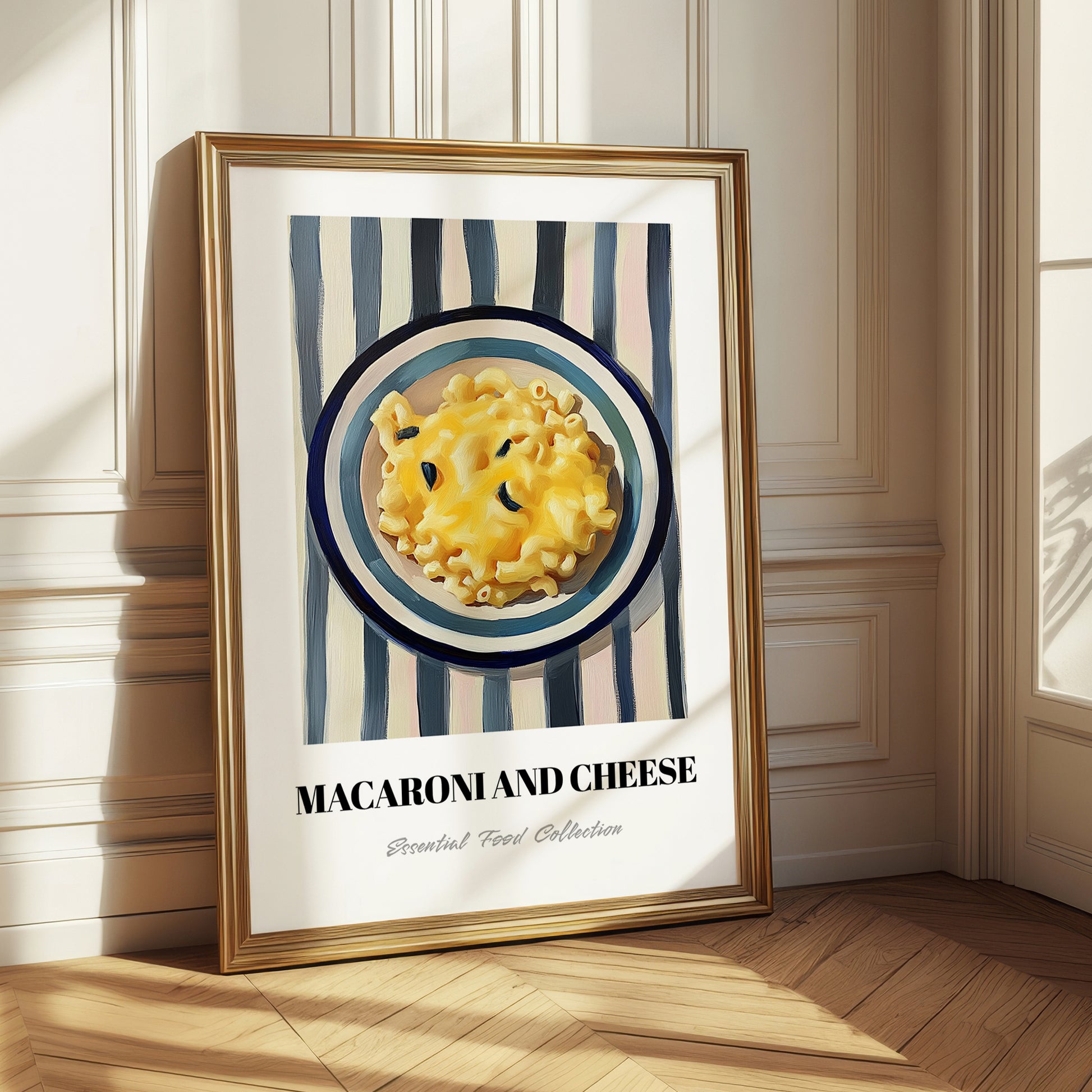 Macaroni And Cheese – on Striped Tablecloth, American Pasta Wall Decor 