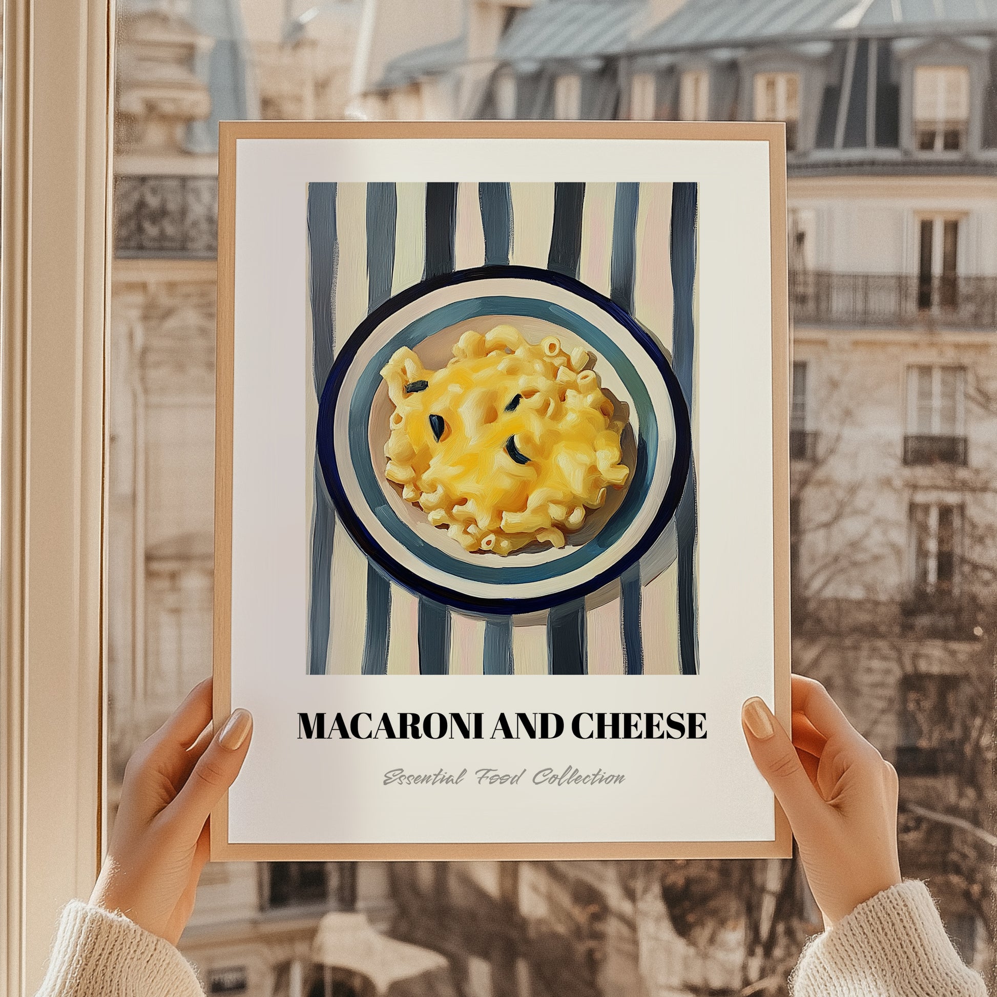 Macaroni And Cheese – on Striped Tablecloth, American Pasta Wall Decor, styled in a charming Paris street view