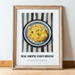 Macaroni And Cheese – on Striped Tablecloth, American Pasta Wall Decor, in wooden frame leaning on the floor