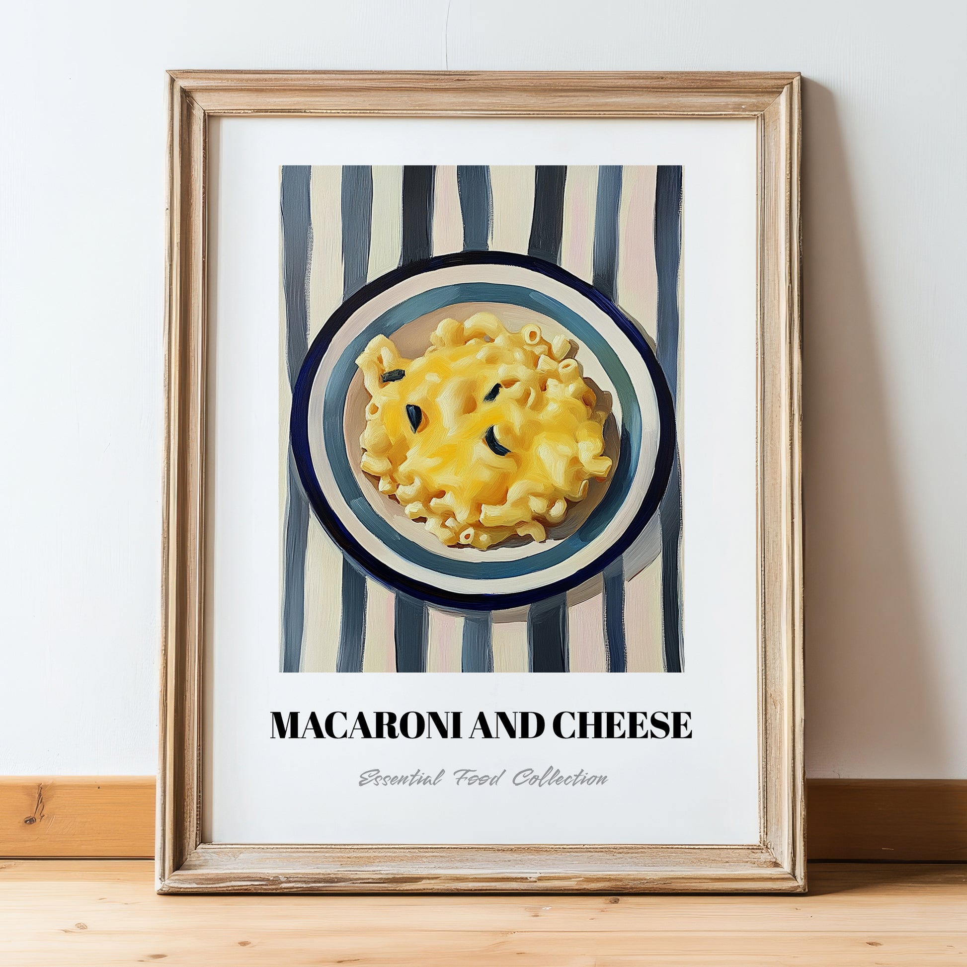 Macaroni And Cheese – on Striped Tablecloth, American Pasta Wall Decor, in wooden frame leaning on the floor