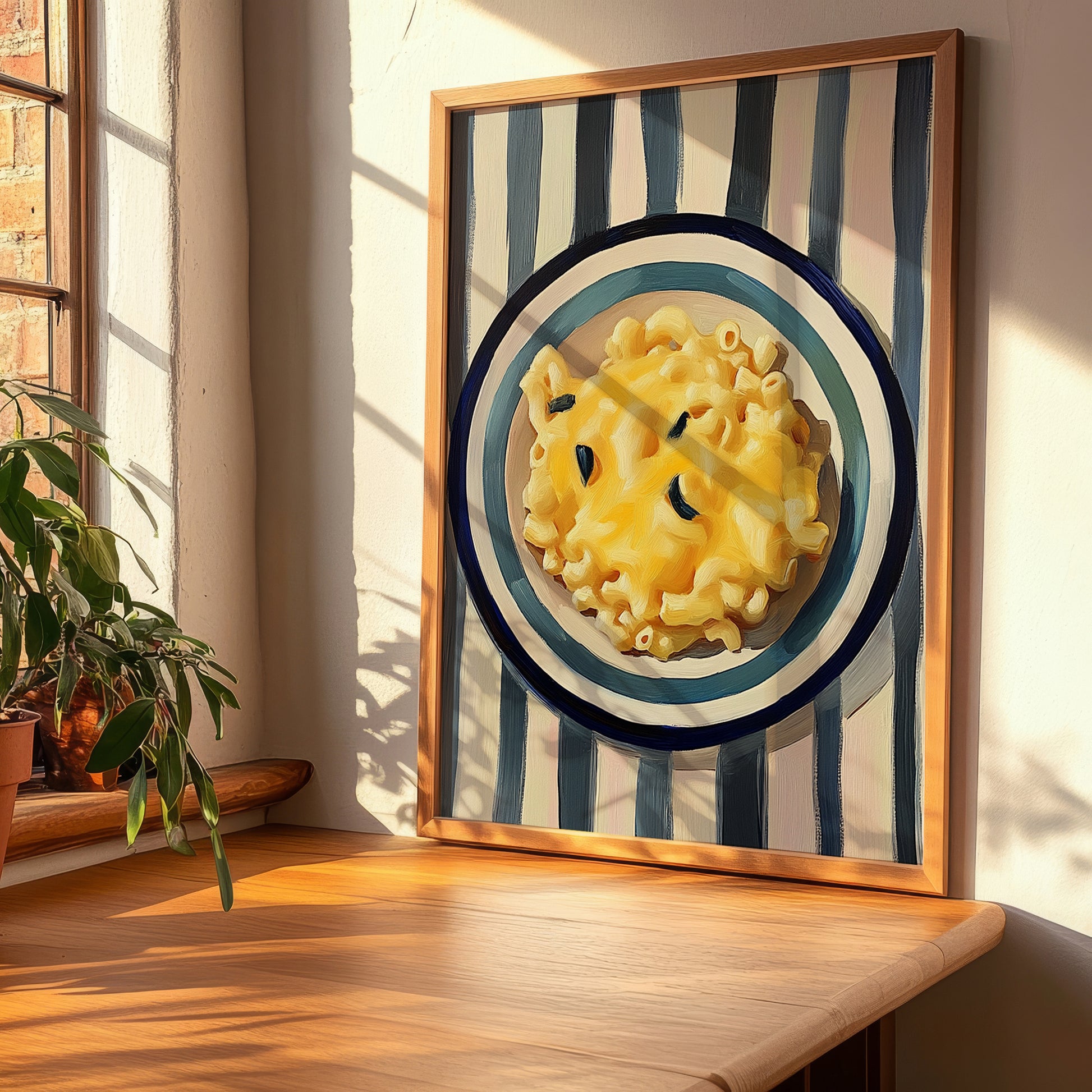 Macaroni And Cheese – on Striped Tablecloth, American Pasta Wall Decor, clean layout with no caption