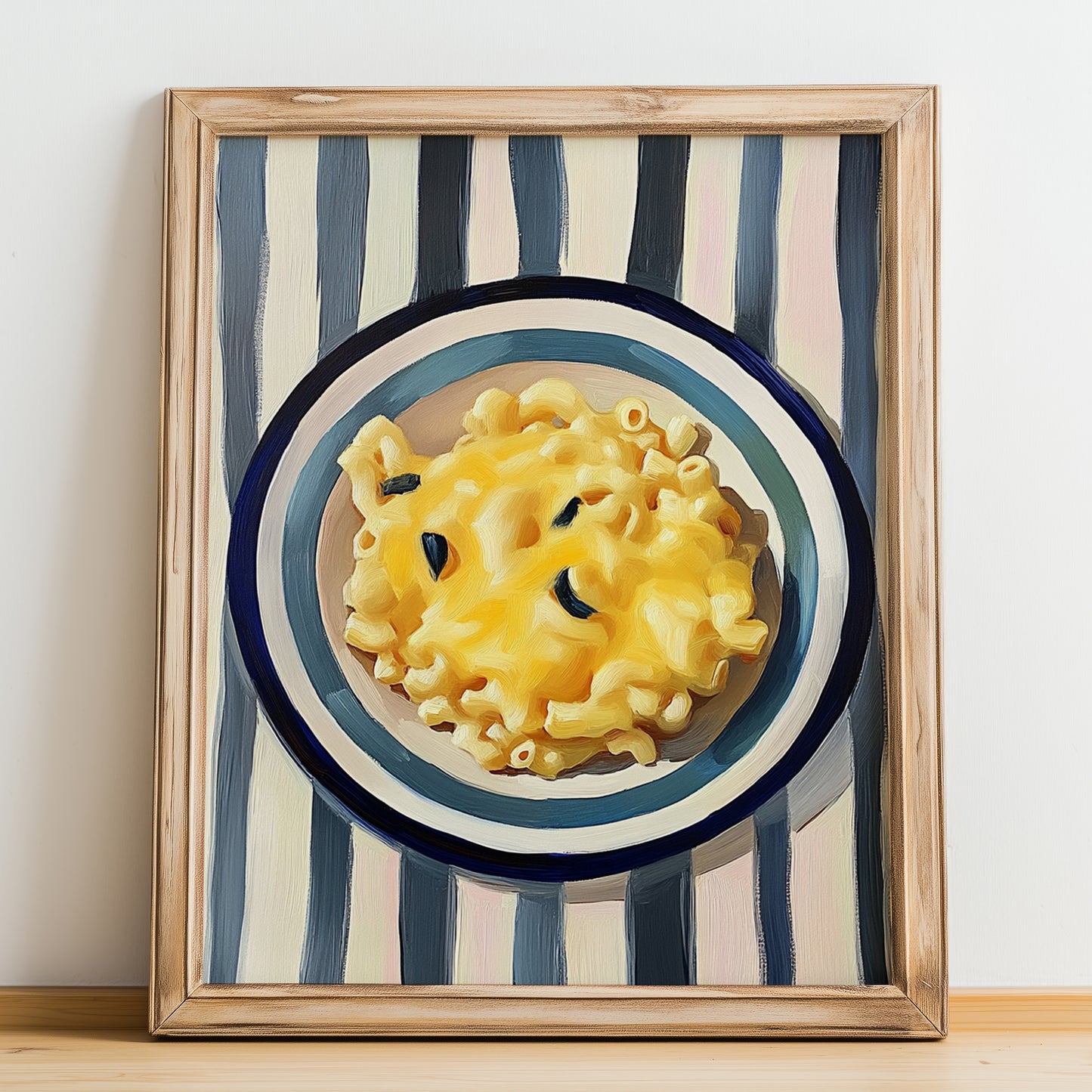 Macaroni And Cheese – on Striped Tablecloth, American Pasta Wall Decor, no-text version framed in wood