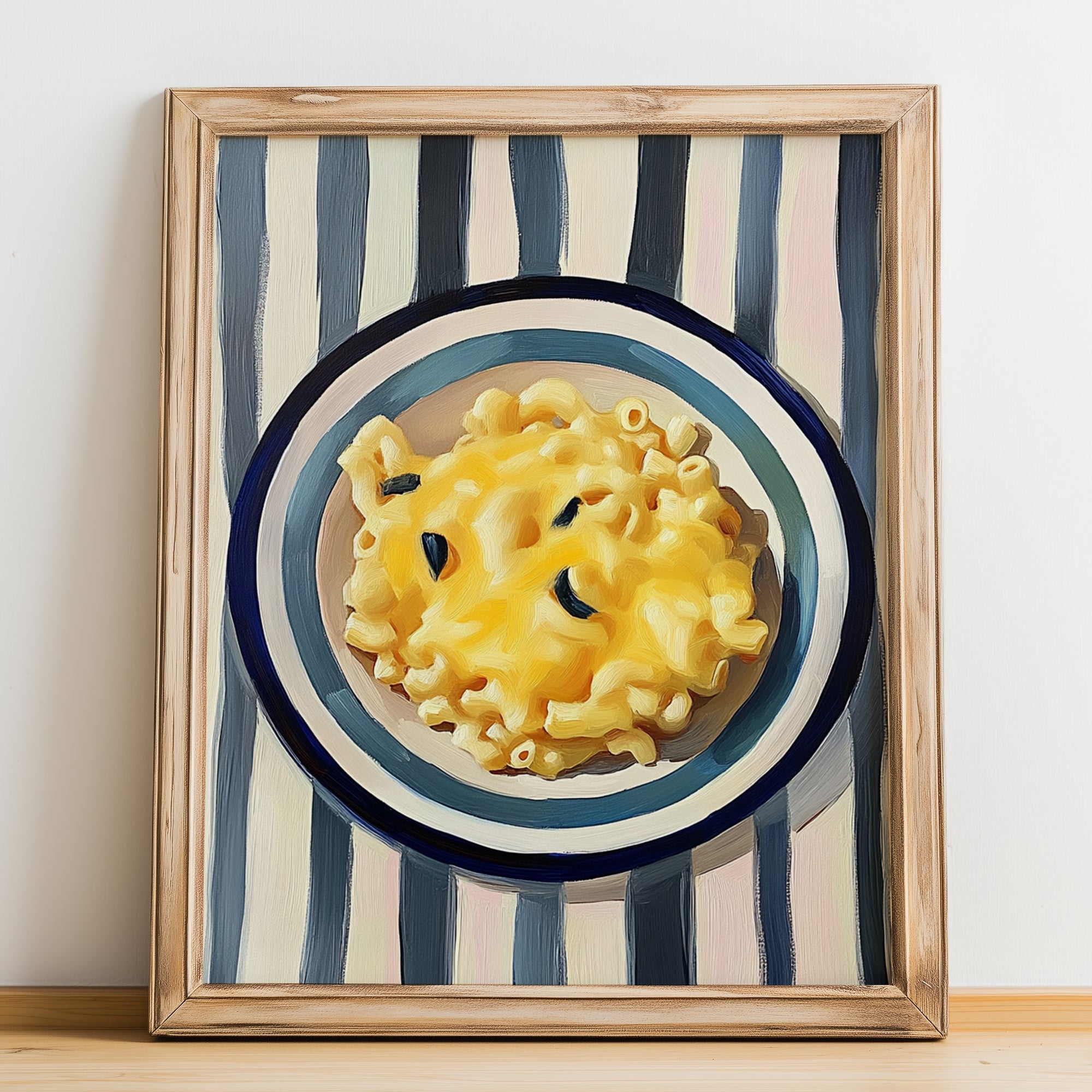 Macaroni And Cheese – on Striped Tablecloth, American Pasta Wall Decor, no-text version framed in wood