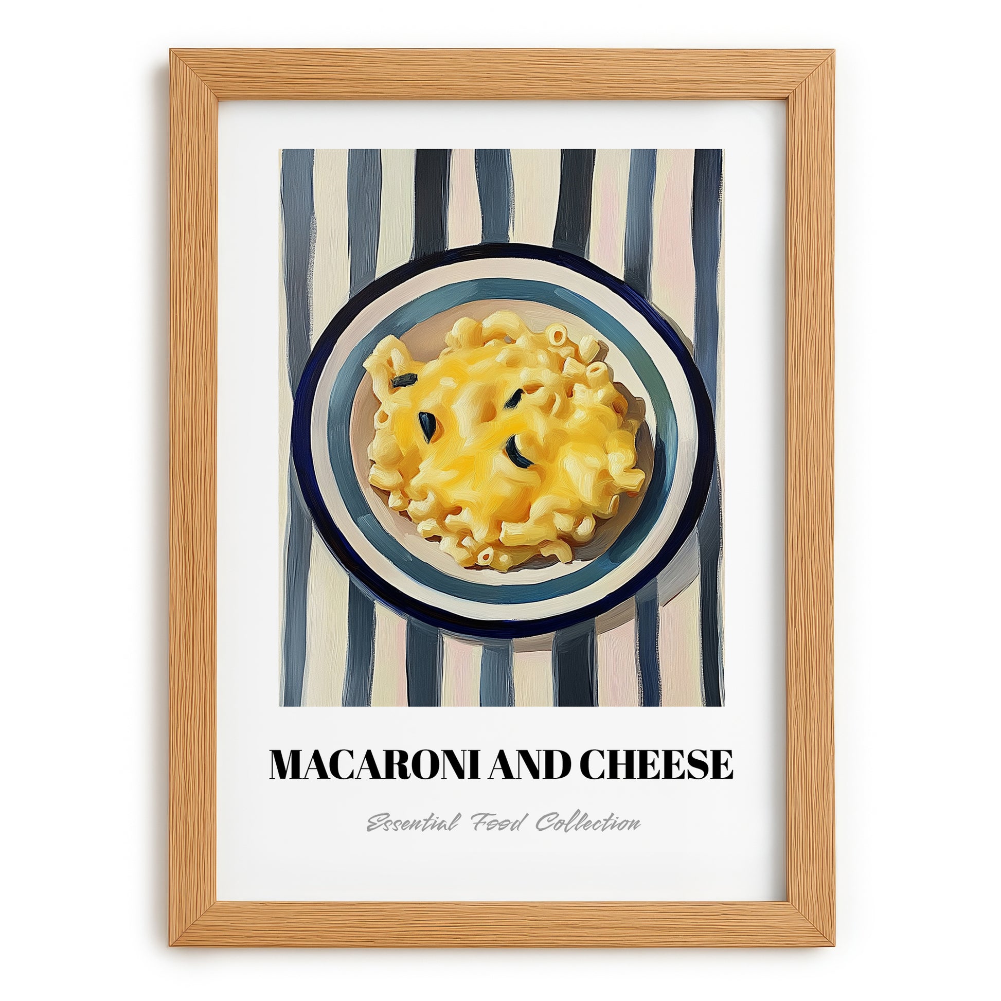 Macaroni And Cheese – on Striped Tablecloth, American Pasta Wall Decor, set in oak frame