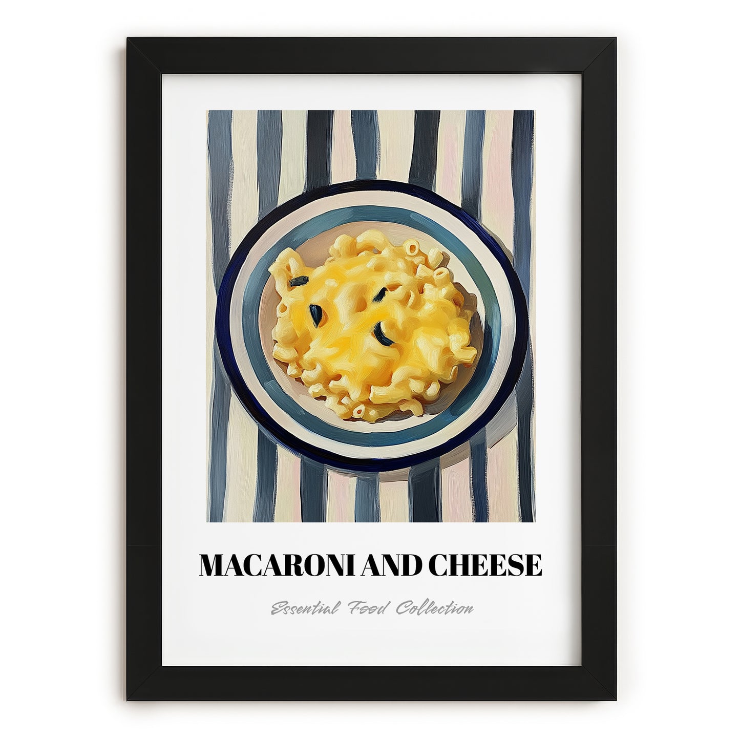 Macaroni And Cheese – on Striped Tablecloth, American Pasta Wall Decor, in sleek black frame