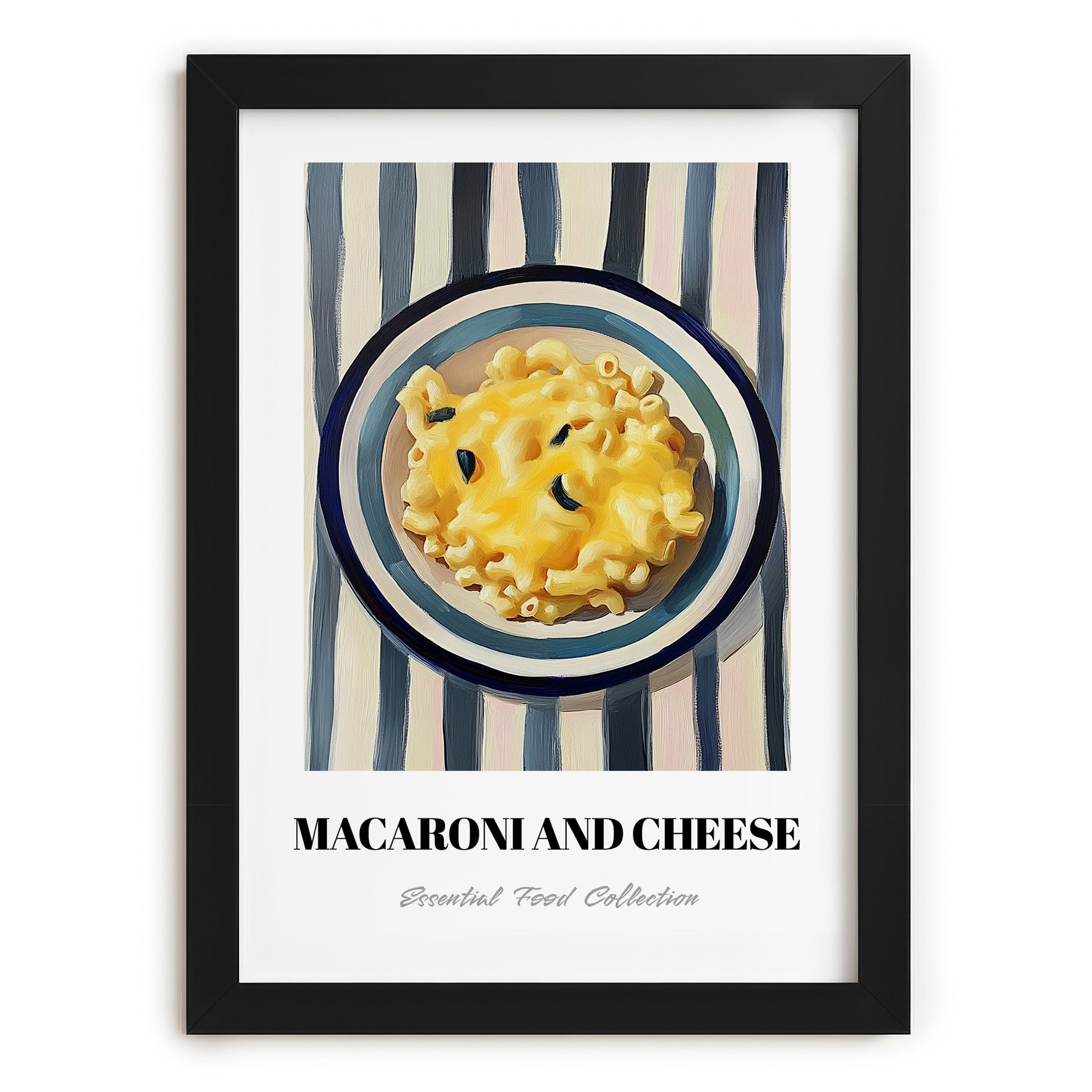 Macaroni And Cheese – on Striped Tablecloth, American Pasta Wall Decor, in sleek black frame