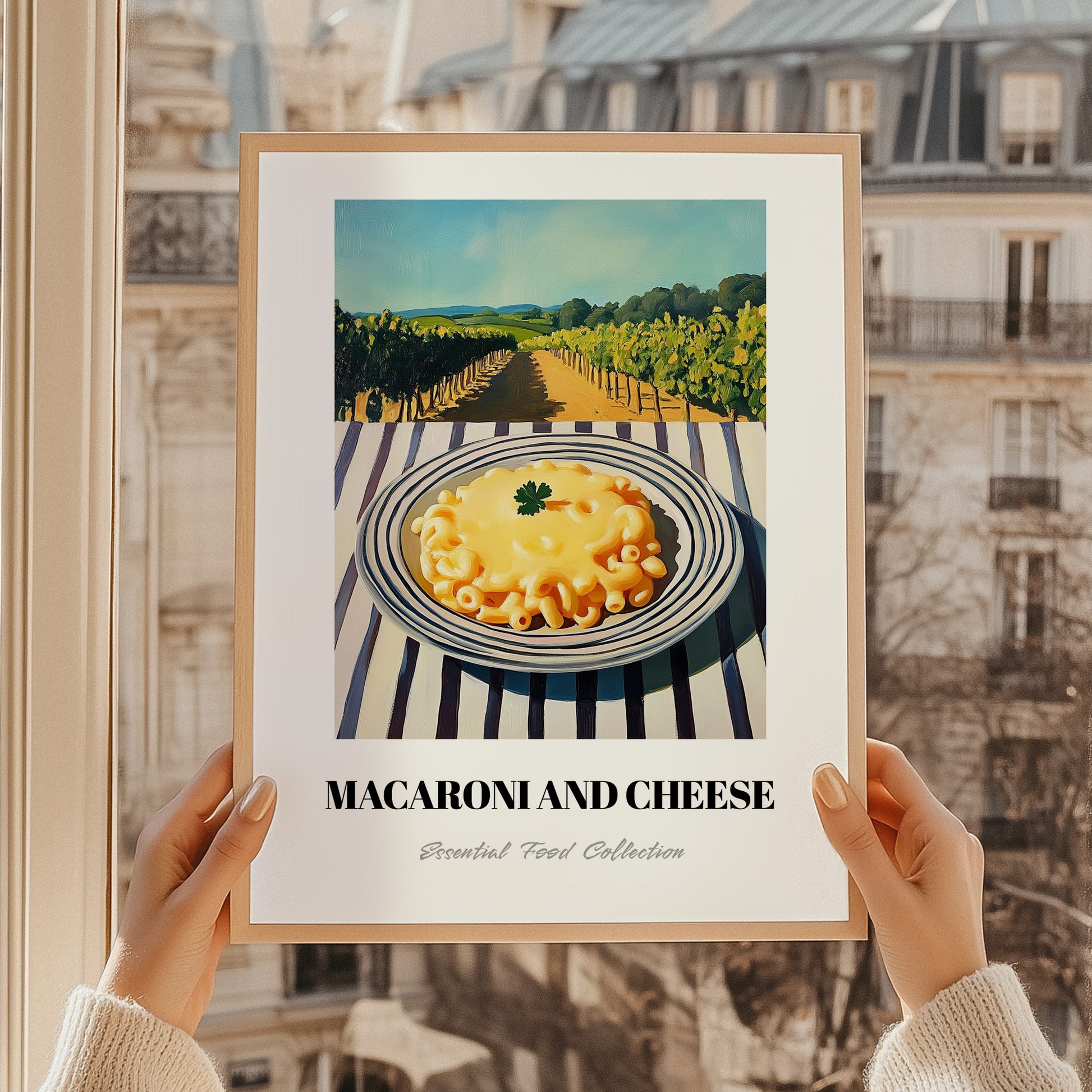 Macaroni And Cheese – Hilltop Café Scene, American Pasta Painting, styled in a charming Paris street view