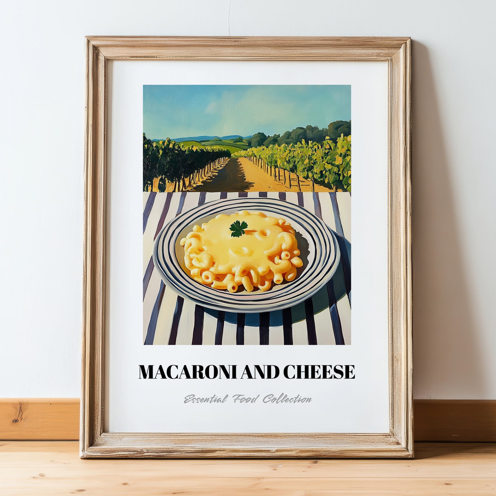 Macaroni And Cheese – Hilltop Café Scene, American Pasta Painting, in wooden frame leaning on the floor