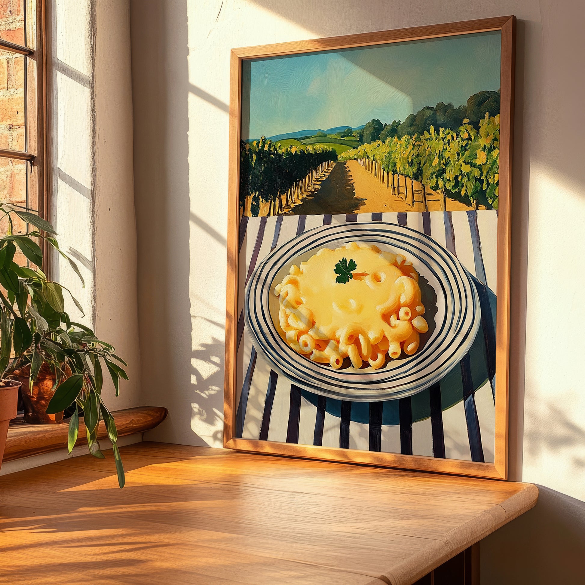 Macaroni And Cheese – Hilltop Café Scene, American Pasta Painting, clean layout with no caption