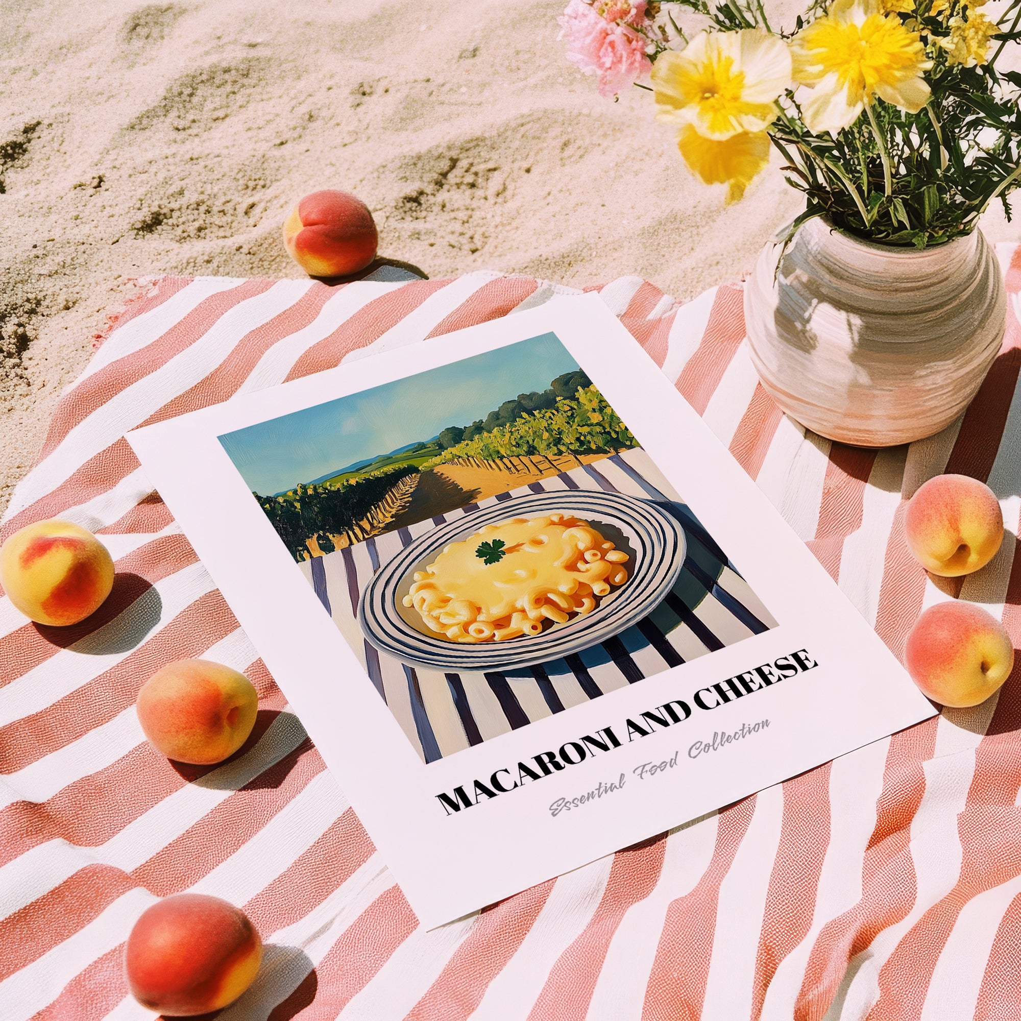 Macaroni And Cheese – Hilltop Café Scene, American Pasta Painting, unframed on coastal sand