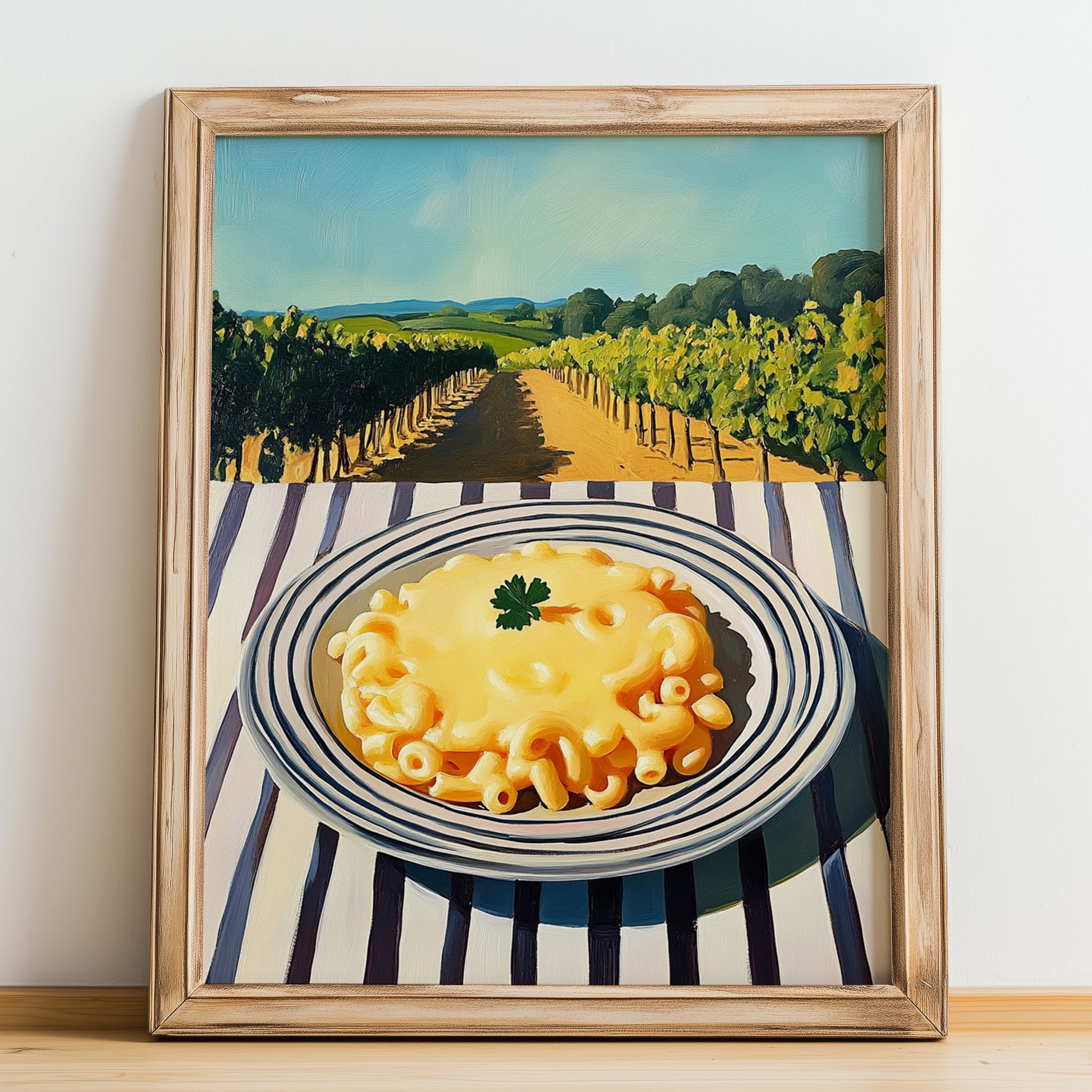 Macaroni And Cheese – Hilltop Café Scene, American Pasta Painting, no-text version framed in wood